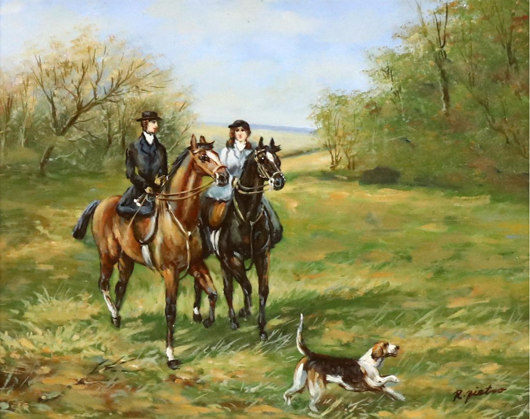 R. Pietro Countryside Landscape Oil Painting of Figures on Horseback