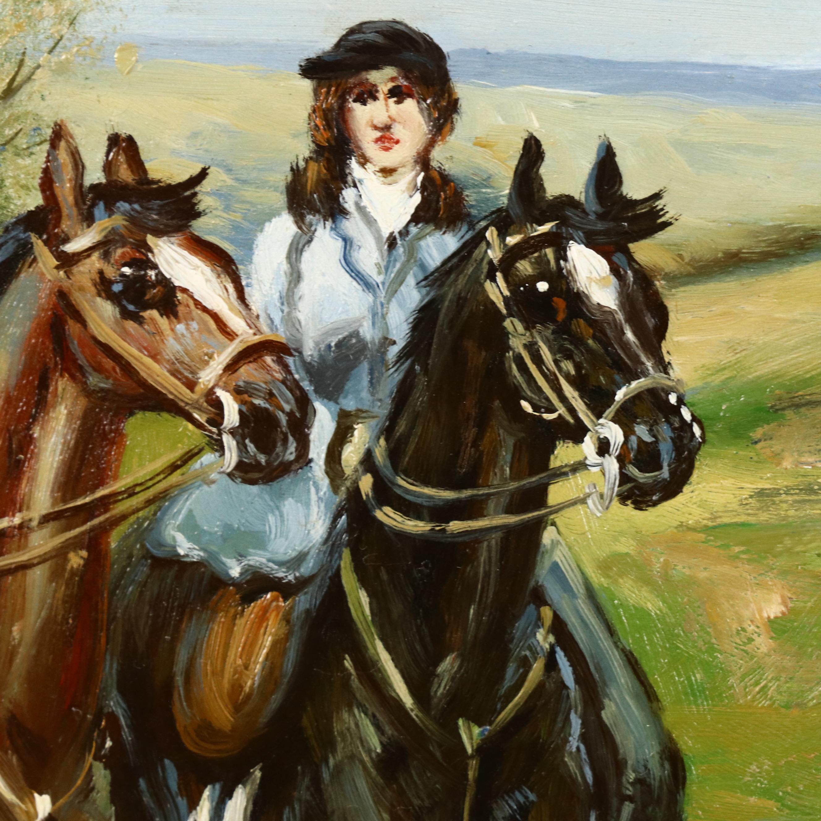 R. Pietro Countryside Landscape Oil Painting of Figures on Horseback