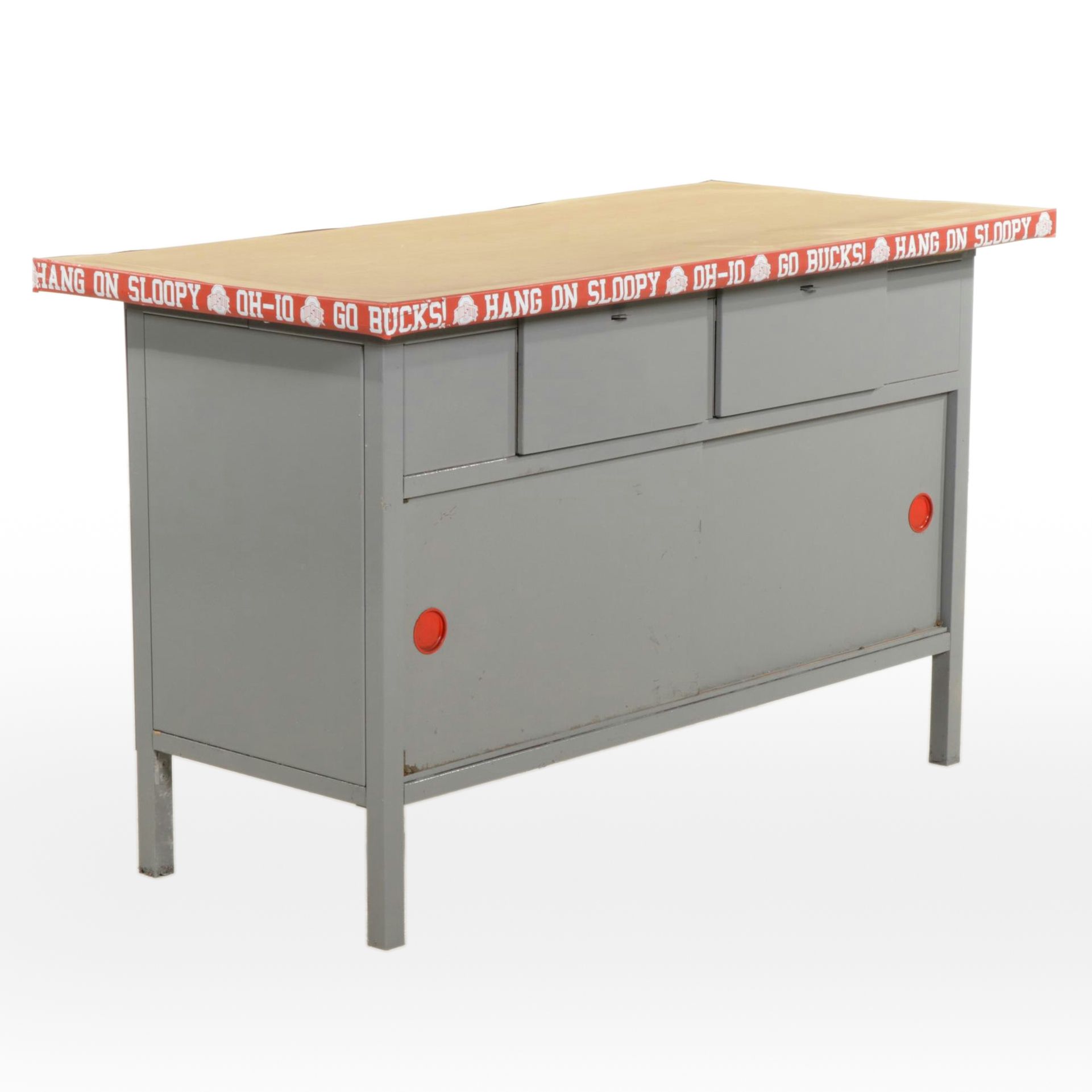 Painted Metal Workbench with Wood Top and Ohio State Trim