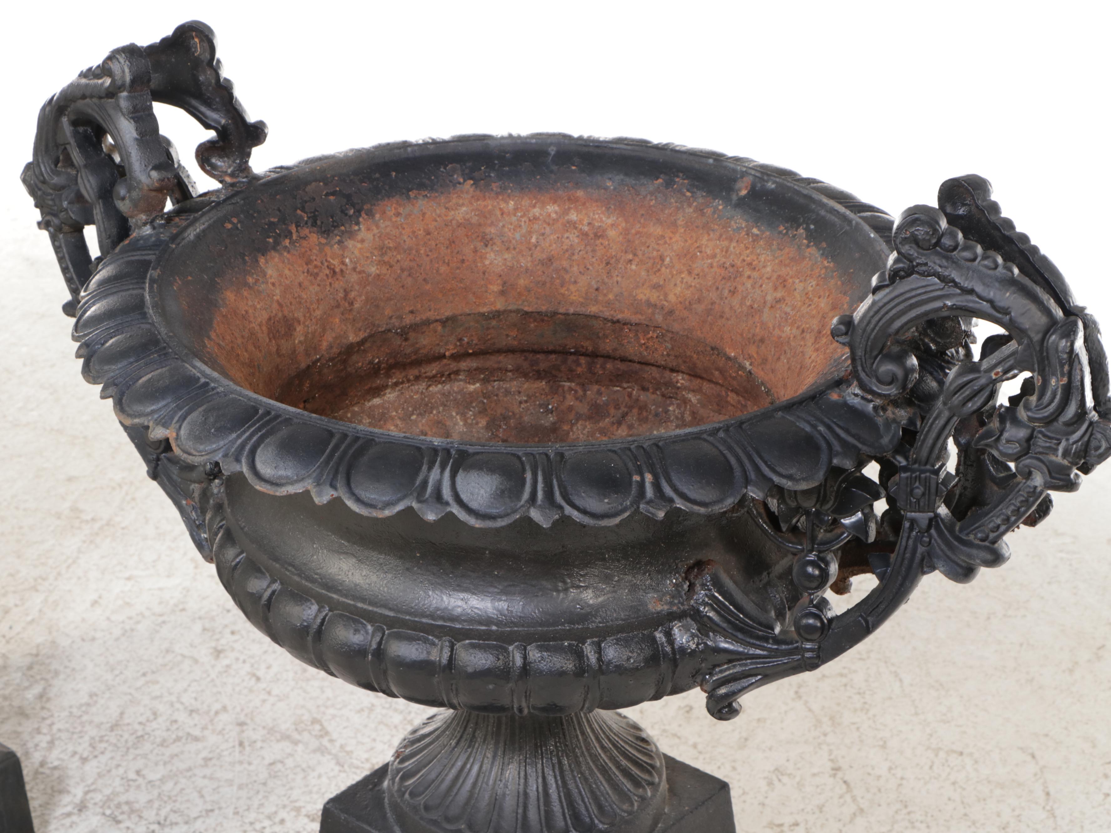 Pair of Neoclassical Style Painted Cast Iron Garden Urns