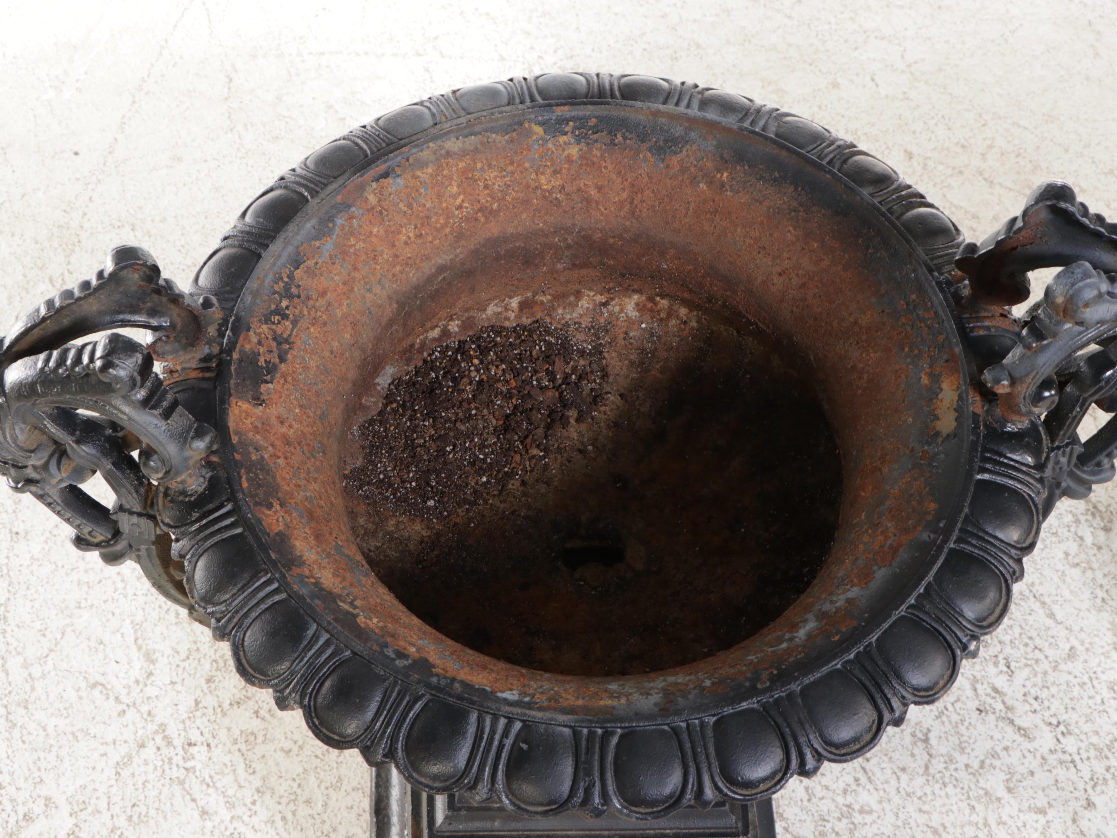 Pair of Neoclassical Style Painted Cast Iron Garden Urns