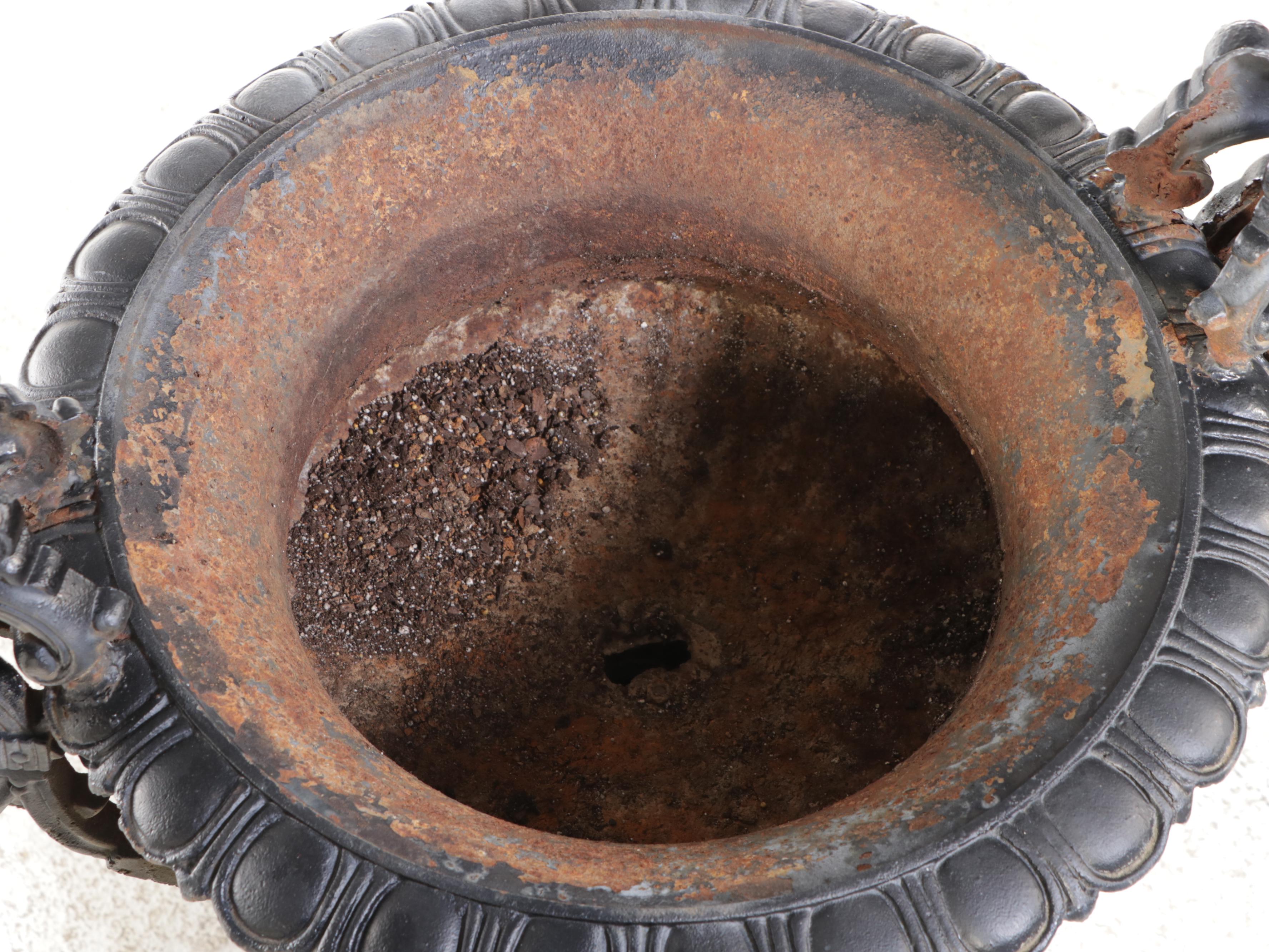 Pair of Neoclassical Style Painted Cast Iron Garden Urns