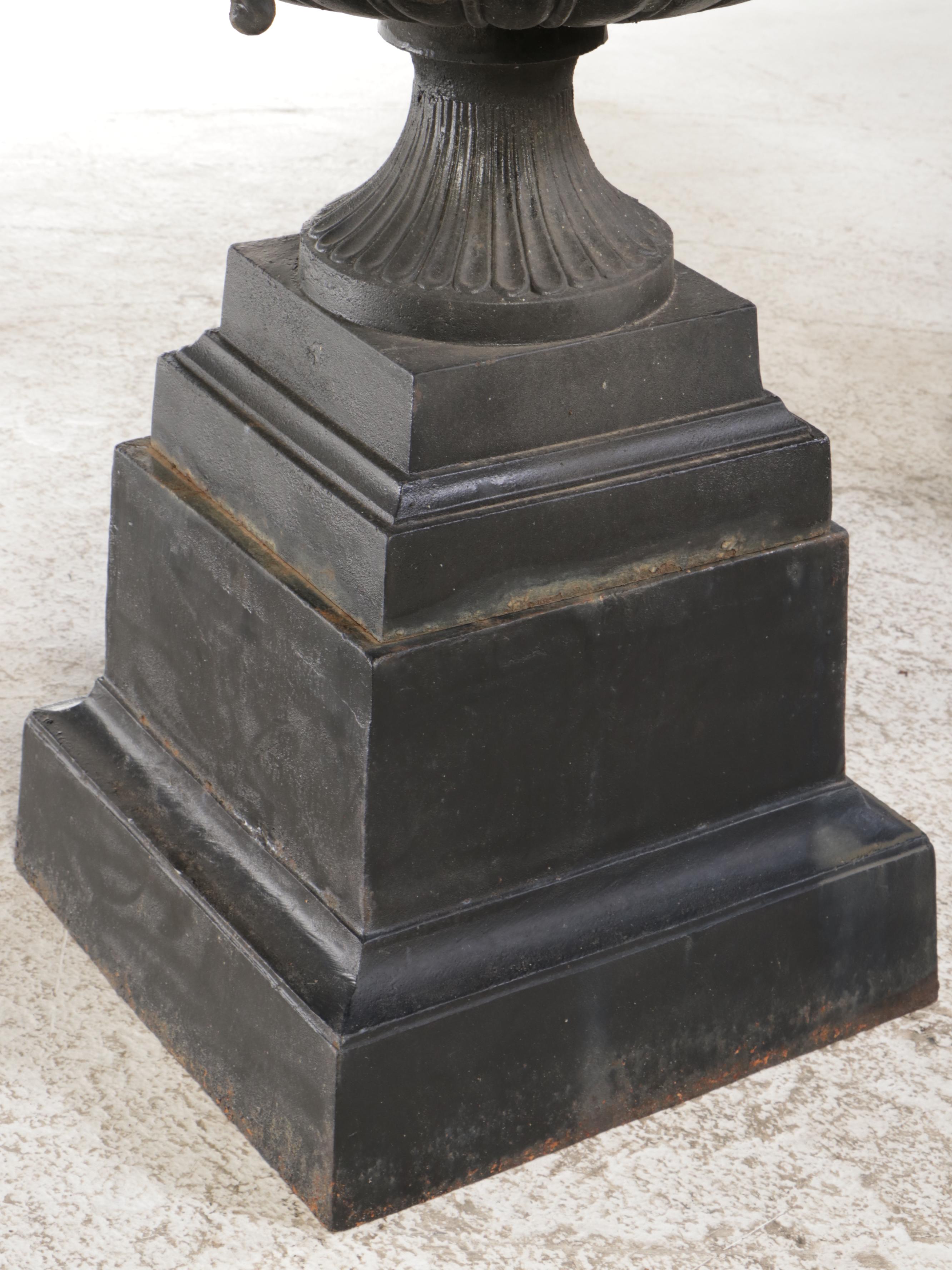 Pair of Neoclassical Style Painted Cast Iron Garden Urns