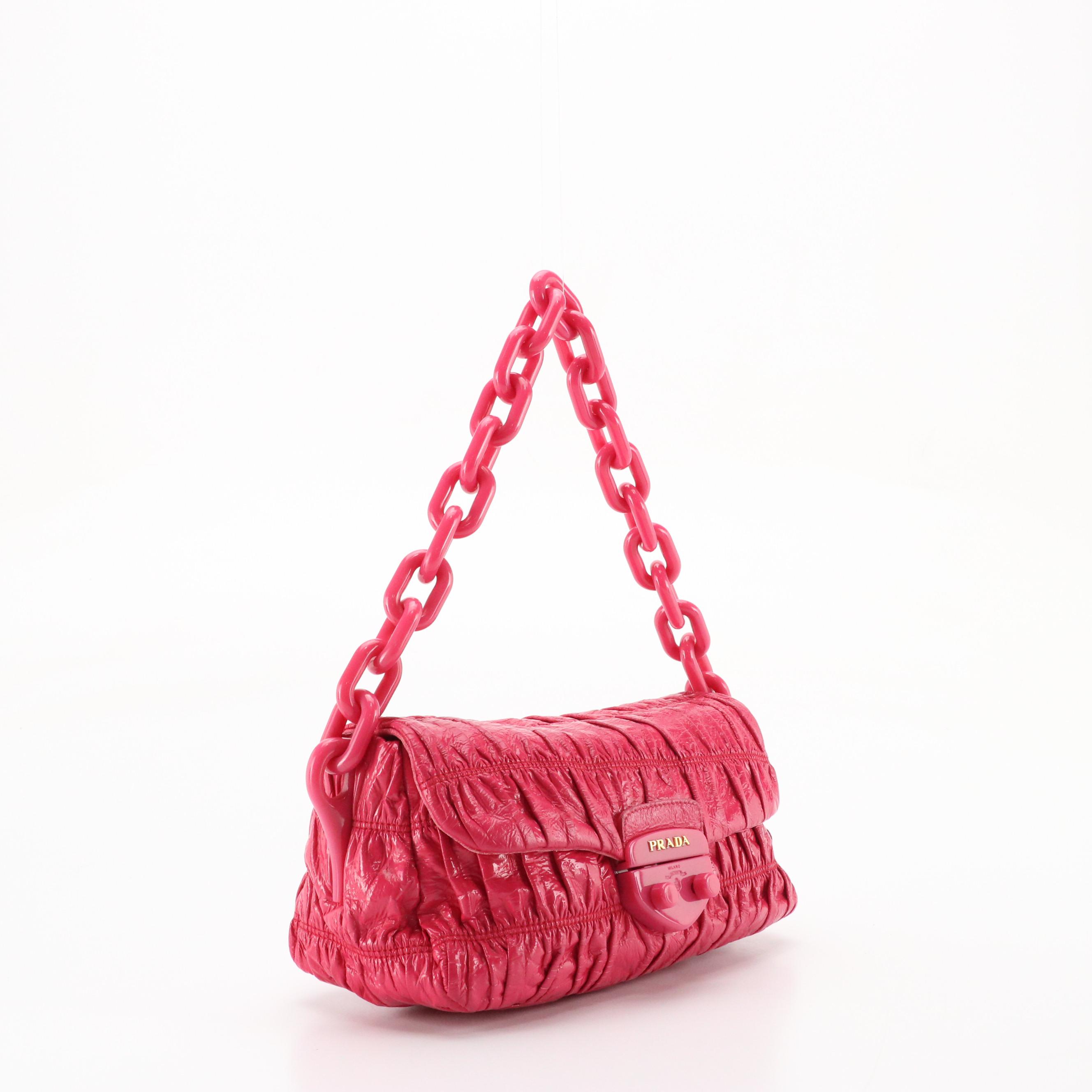 Prada Pink Gaufre Patent Leather Vernice Flap Shoulder Bag with Chain Link Strap
