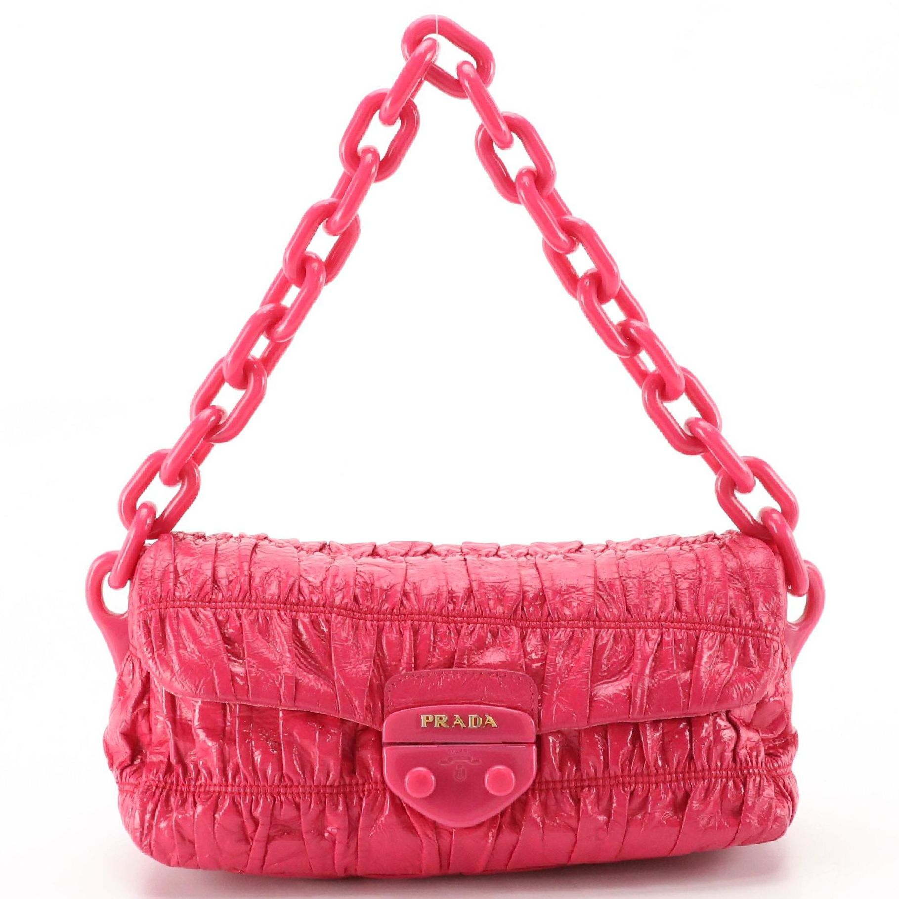 Prada Pink Gaufre Patent Leather Vernice Flap Shoulder Bag with Chain Link Strap
