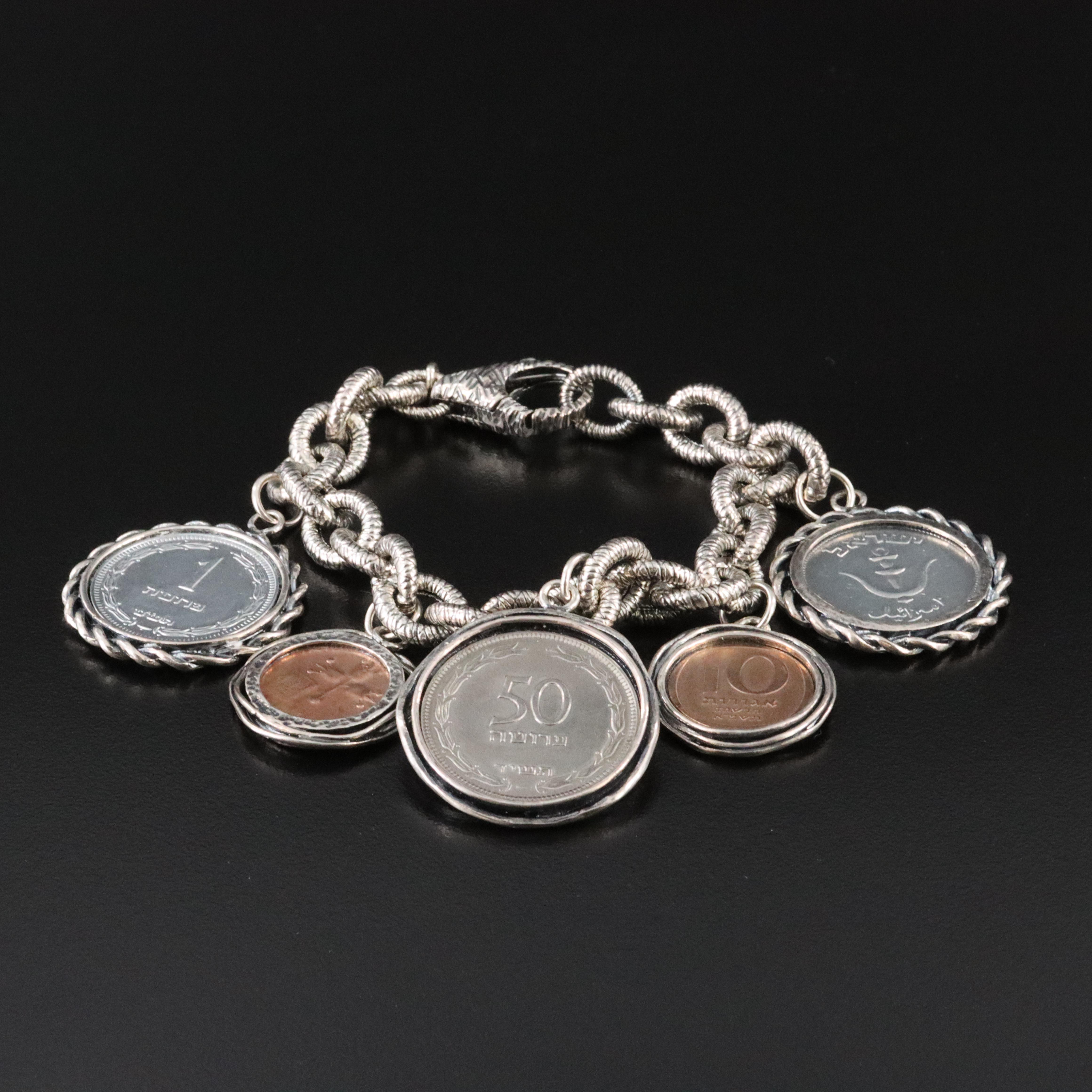 Israeli Or Paz Sterling and Coin Bracelet