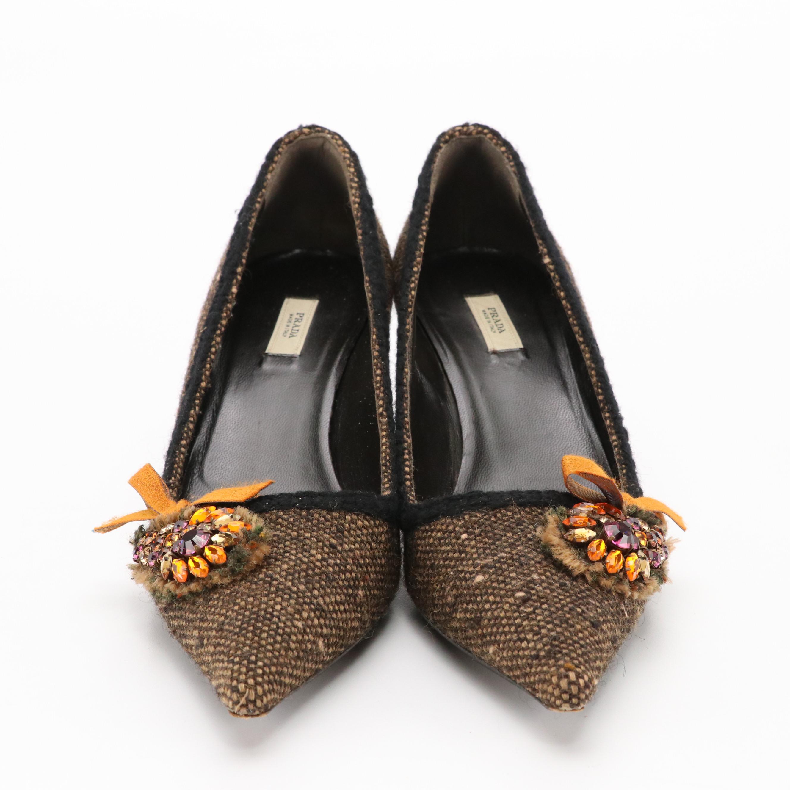 Prada Rhinestone Embellished Pointed-Toe Pumps in Brown and Black Tweed