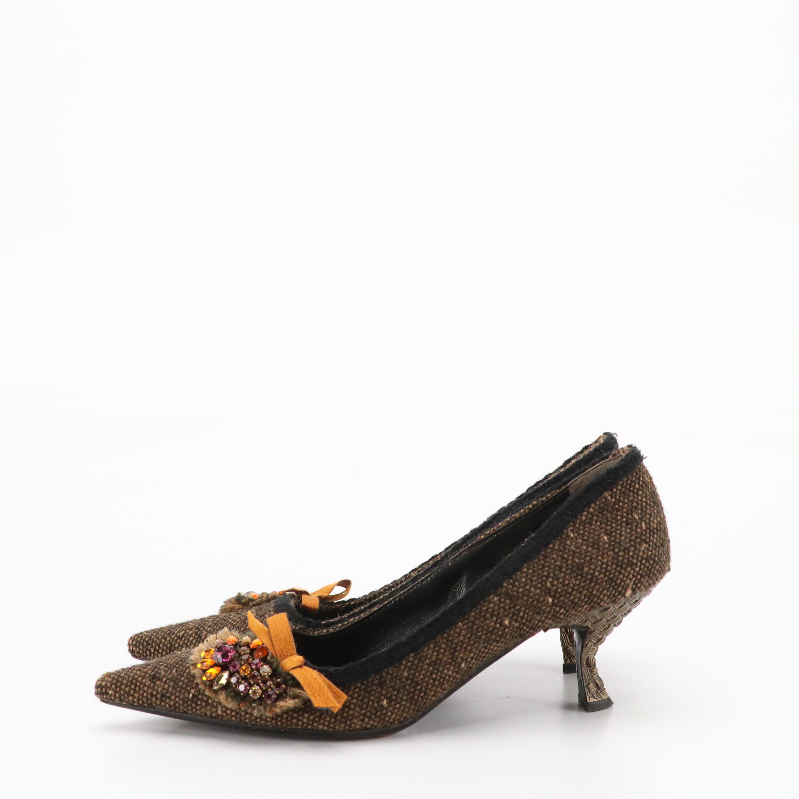 Prada Rhinestone Embellished Pointed-Toe Pumps in Brown and Black Tweed