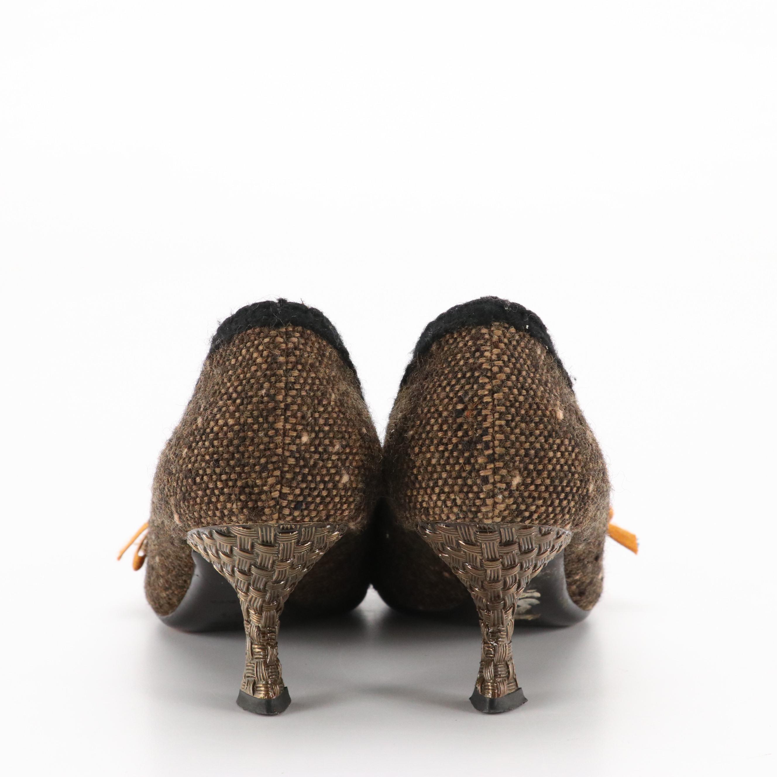 Prada Rhinestone Embellished Pointed-Toe Pumps in Brown and Black Tweed