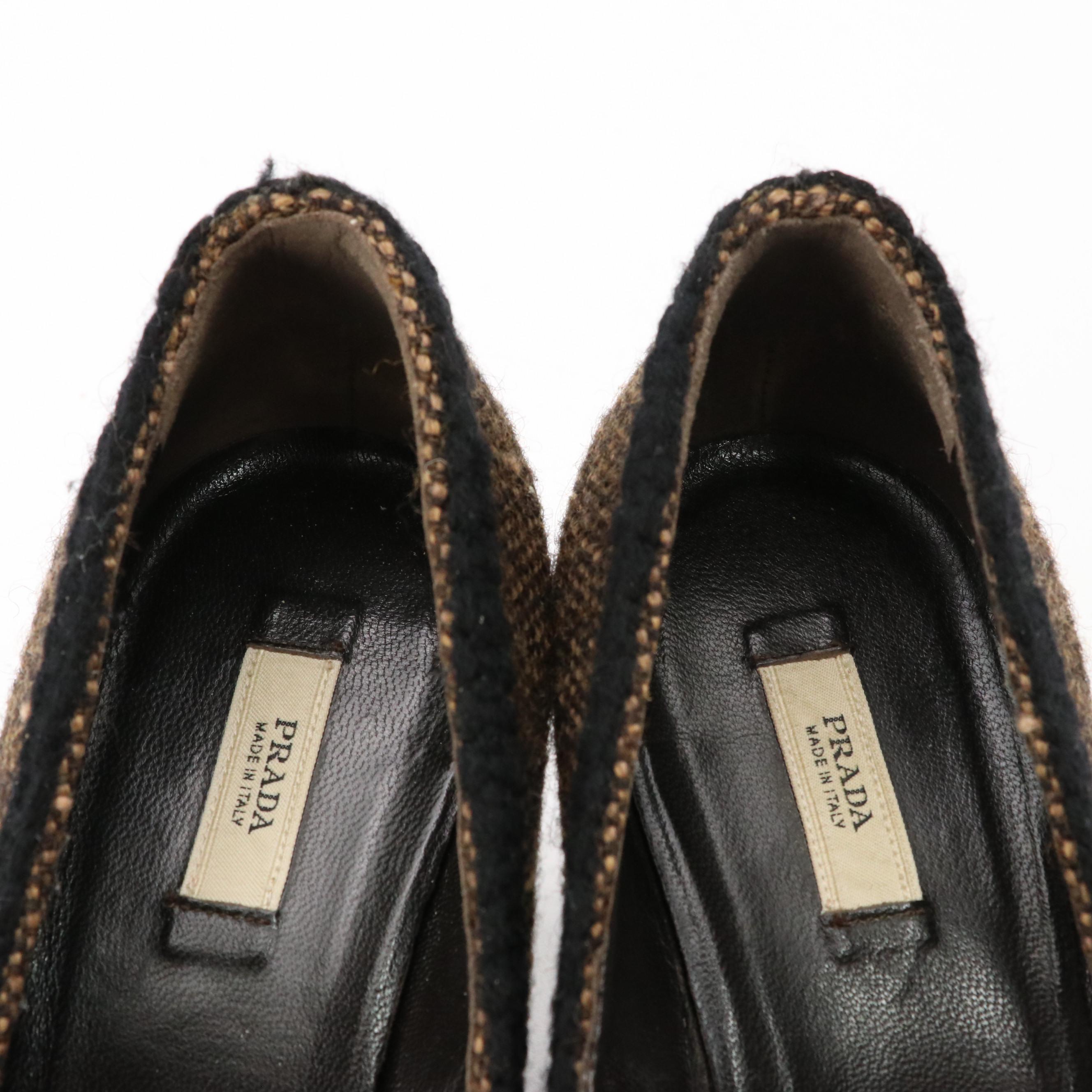 Prada Rhinestone Embellished Pointed-Toe Pumps in Brown and Black Tweed