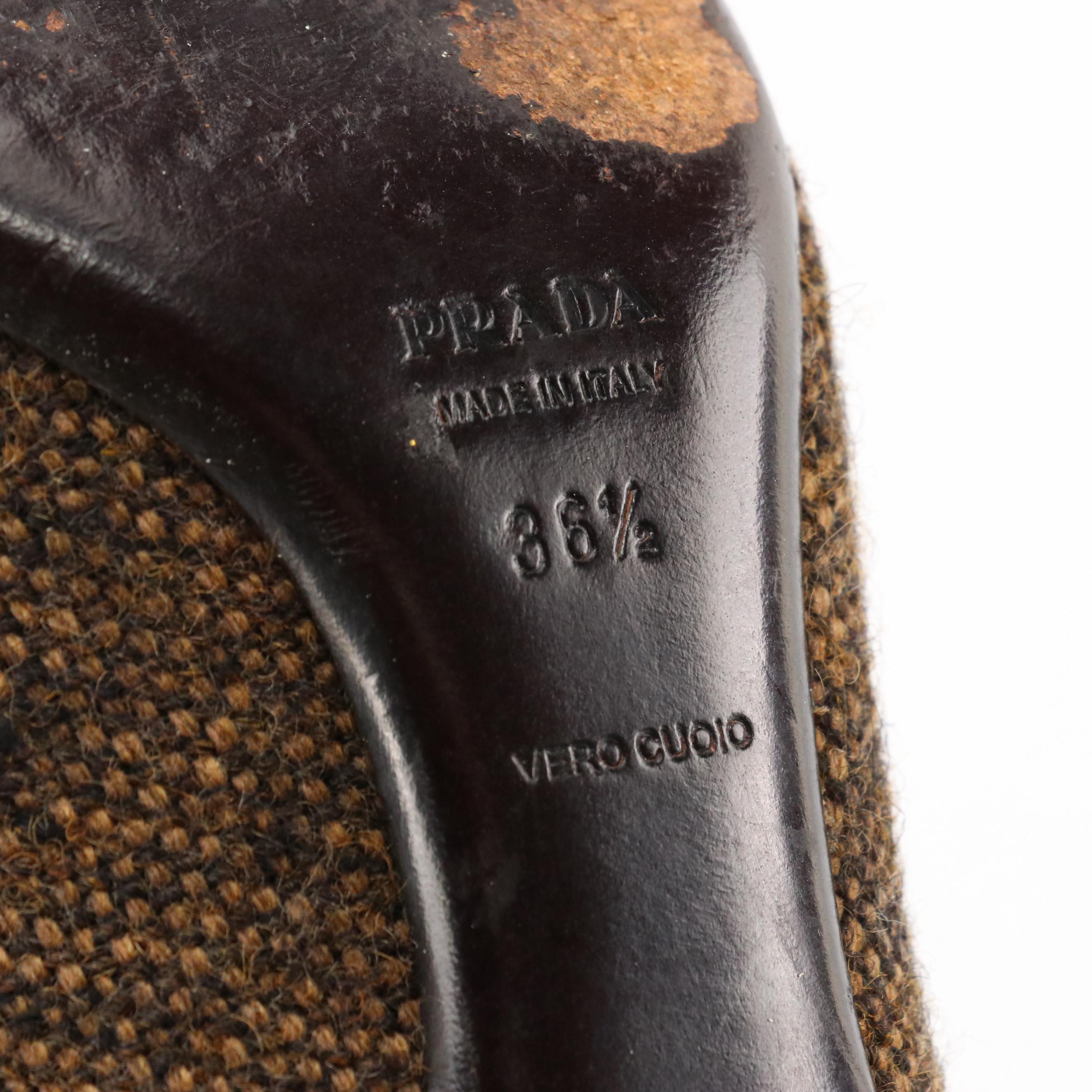 Prada Rhinestone Embellished Pointed-Toe Pumps in Brown and Black Tweed