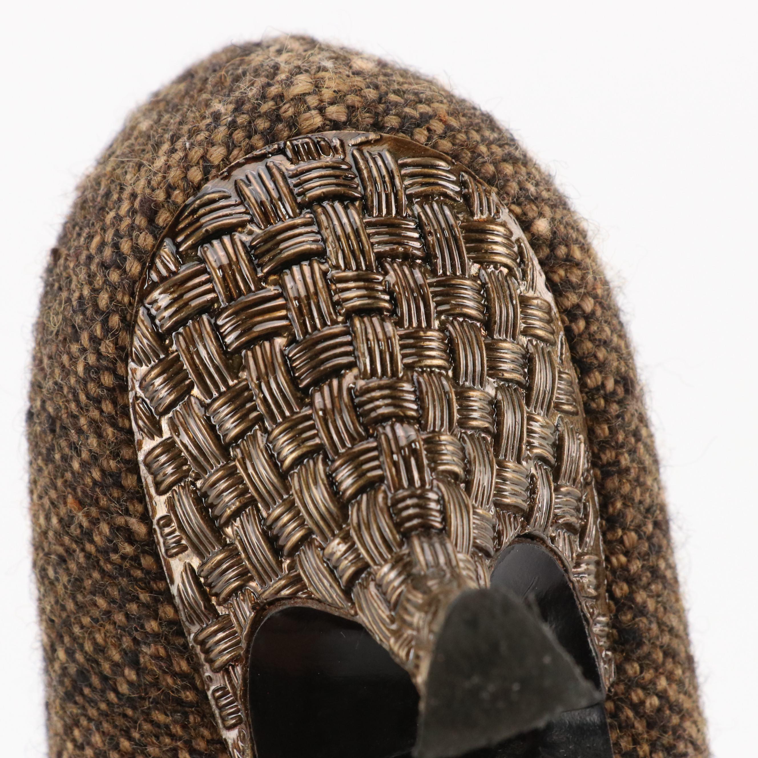 Prada Rhinestone Embellished Pointed-Toe Pumps in Brown and Black Tweed