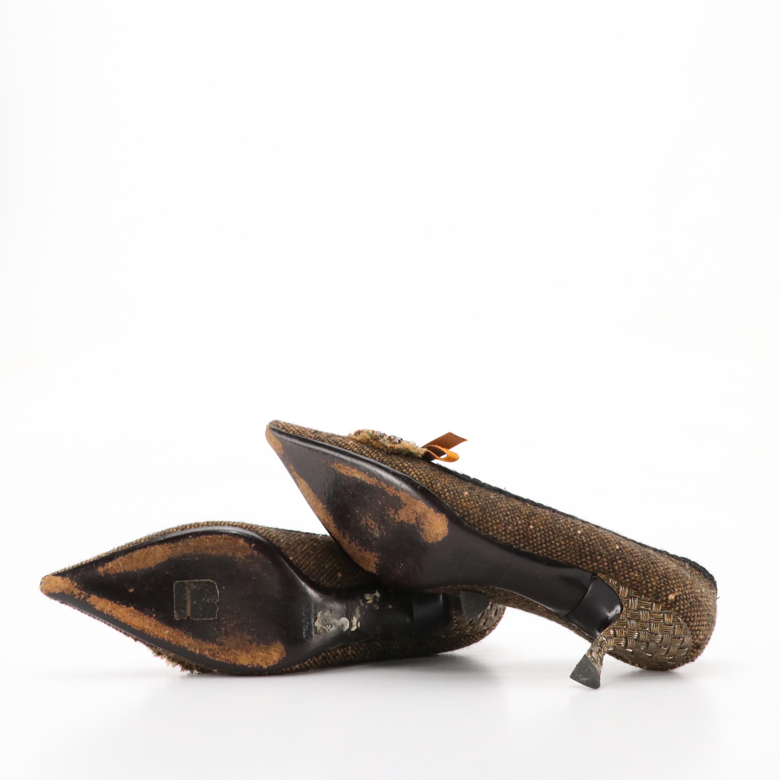 Prada Rhinestone Embellished Pointed-Toe Pumps in Brown and Black Tweed