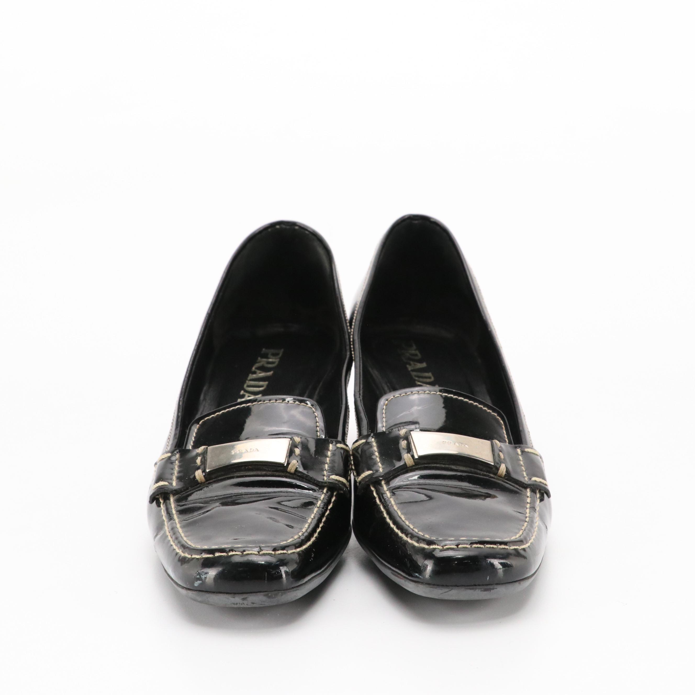 Prada Low-Heeled Loafers in Black Patent Leather