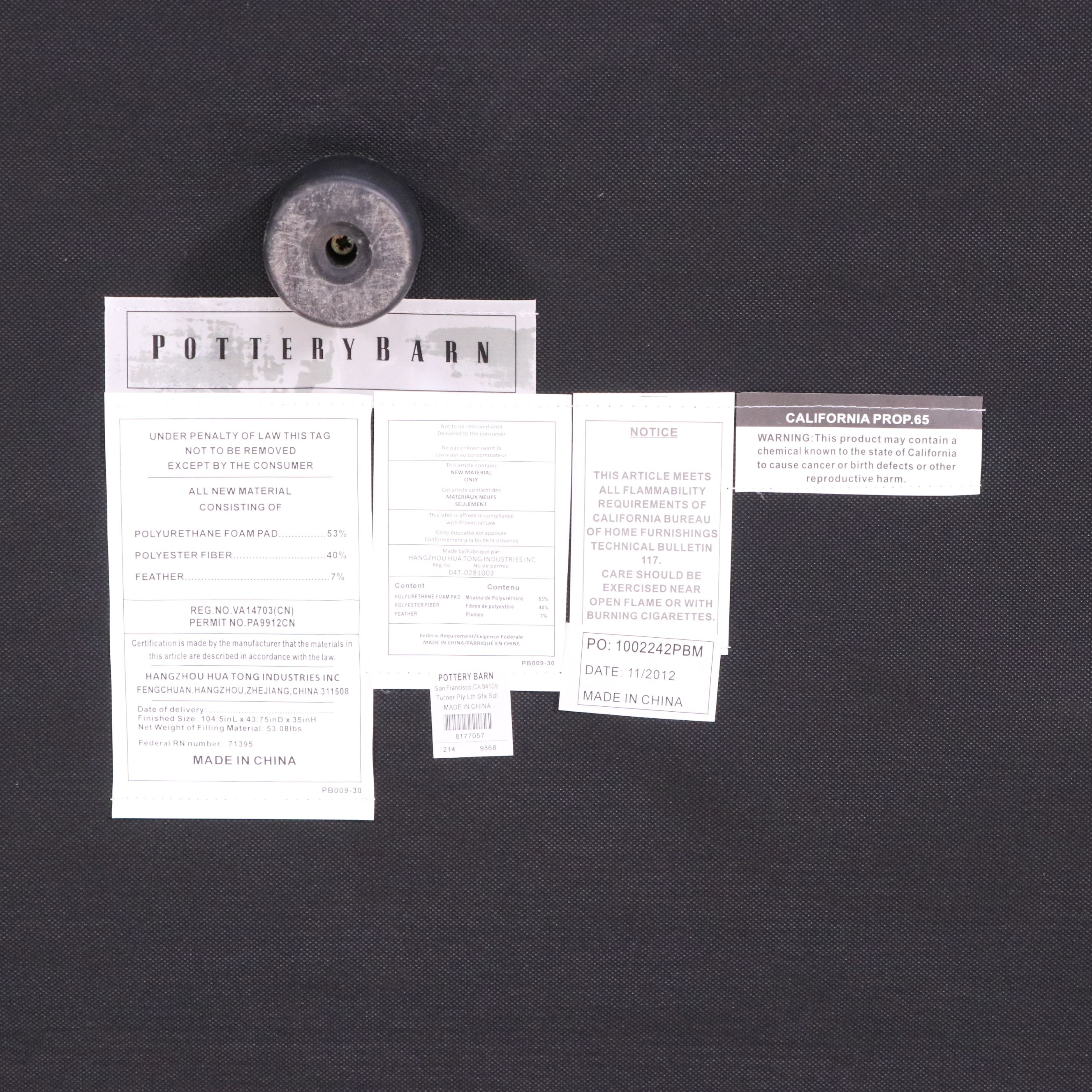 Pottery Barn "Turner" Leather Upholstered Sofa, 2012