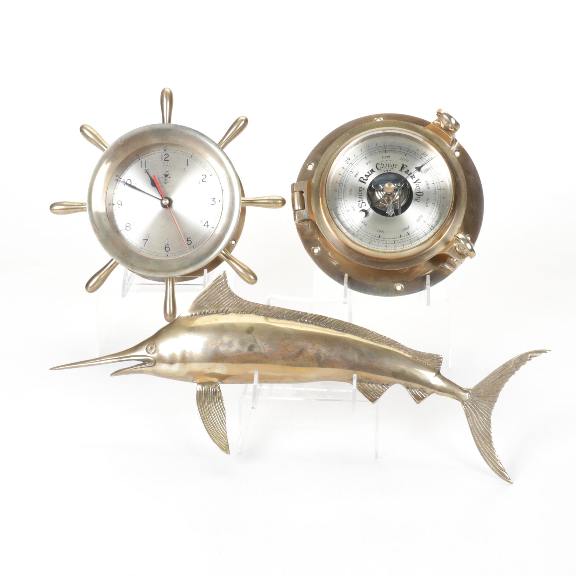 Nautical Brass Ship Clock with Barometer and Swordfish Wall Decor
