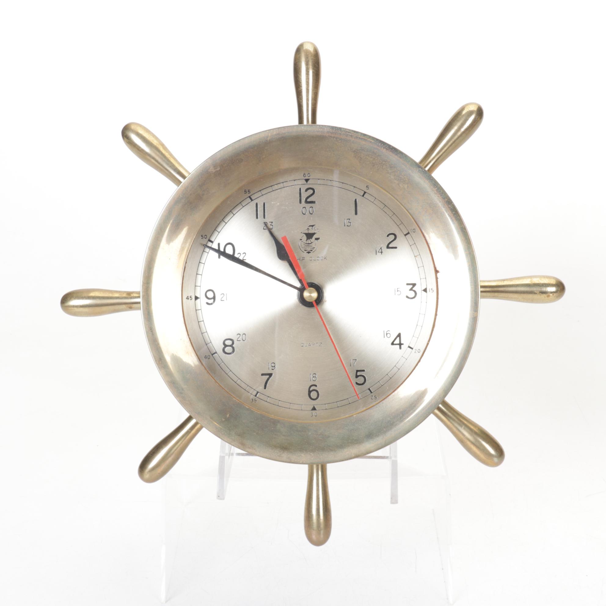 Nautical Brass Ship Clock with Barometer and Swordfish Wall Decor