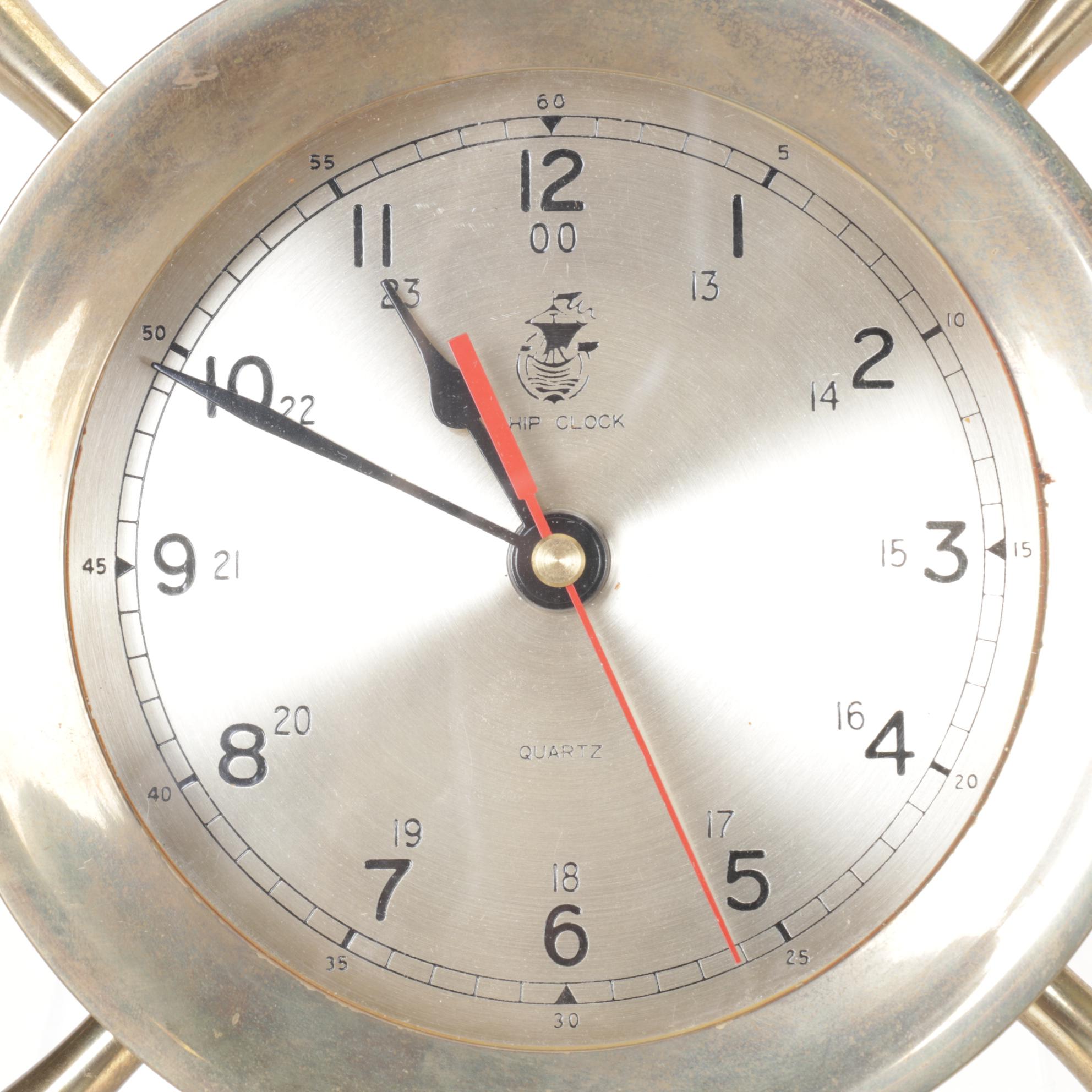 Nautical Brass Ship Clock with Barometer and Swordfish Wall Decor