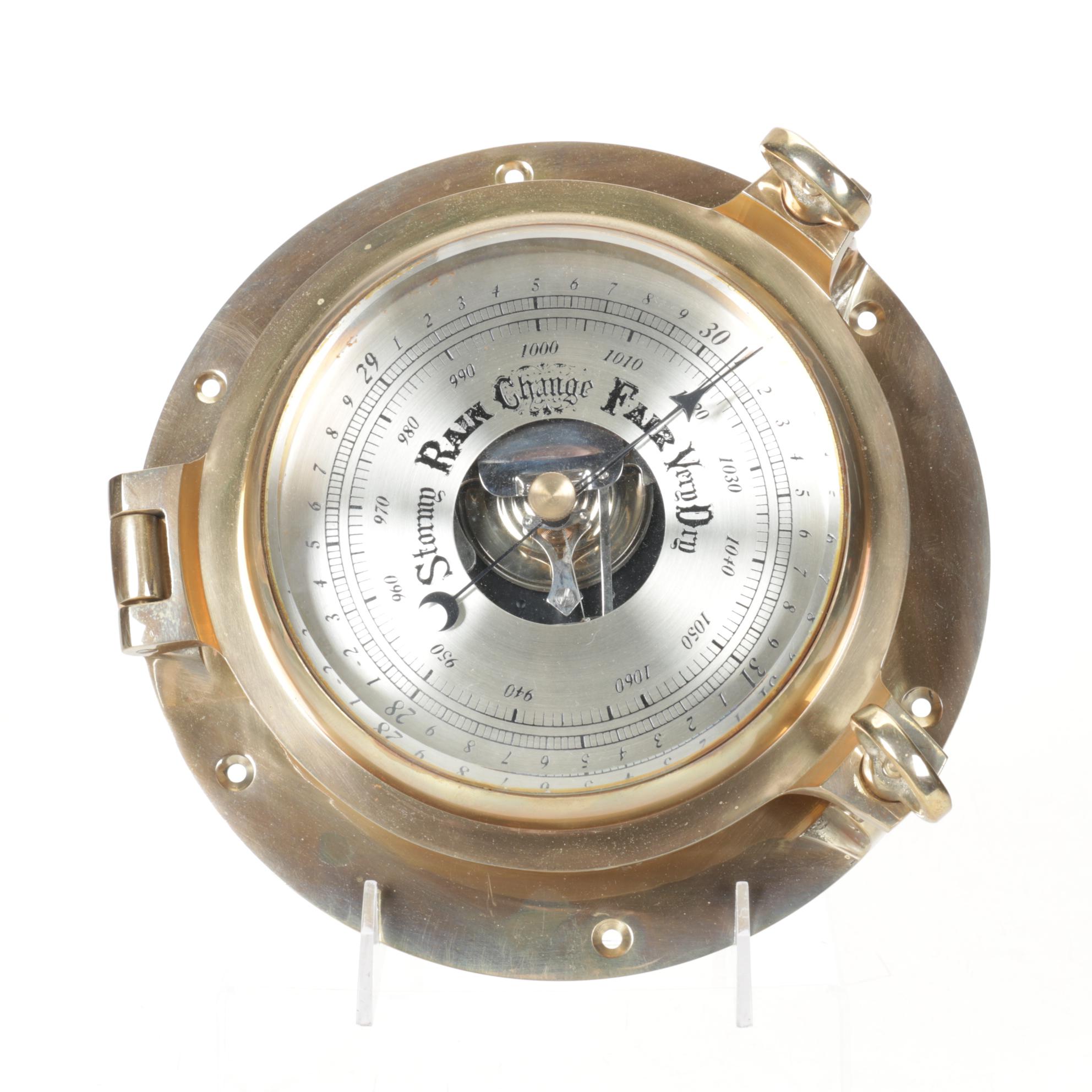 Nautical Brass Ship Clock with Barometer and Swordfish Wall Decor