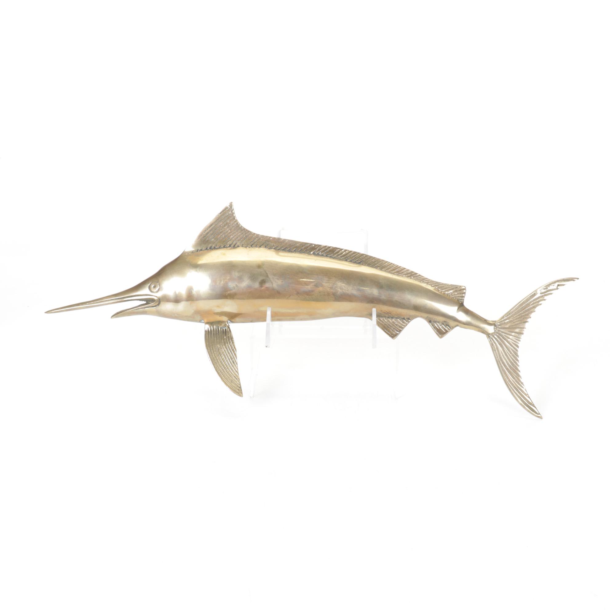 Nautical Brass Ship Clock with Barometer and Swordfish Wall Decor