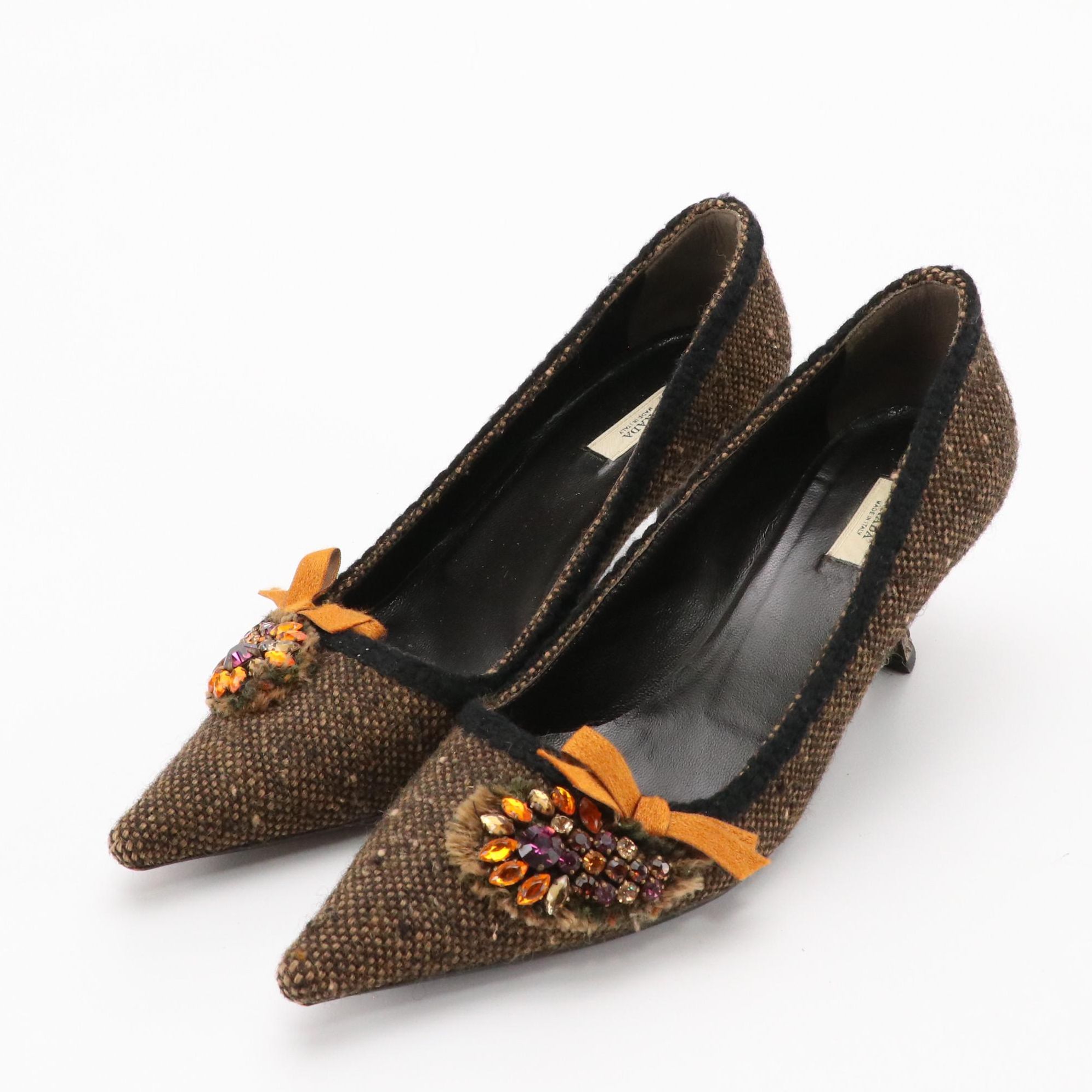 Prada Rhinestone Embellished Pointed-Toe Pumps in Brown and Black Tweed