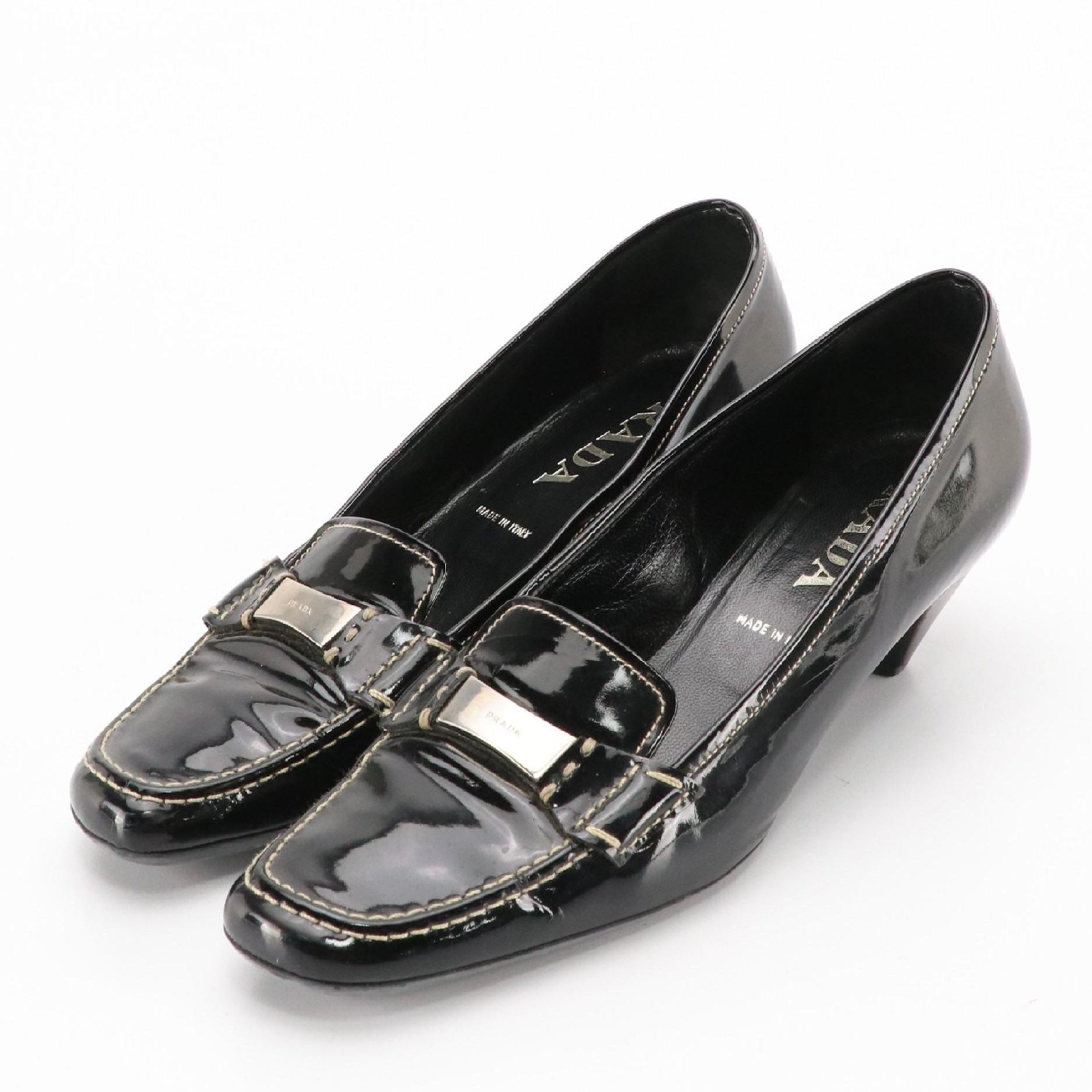 Prada Low-Heeled Loafers in Black Patent Leather