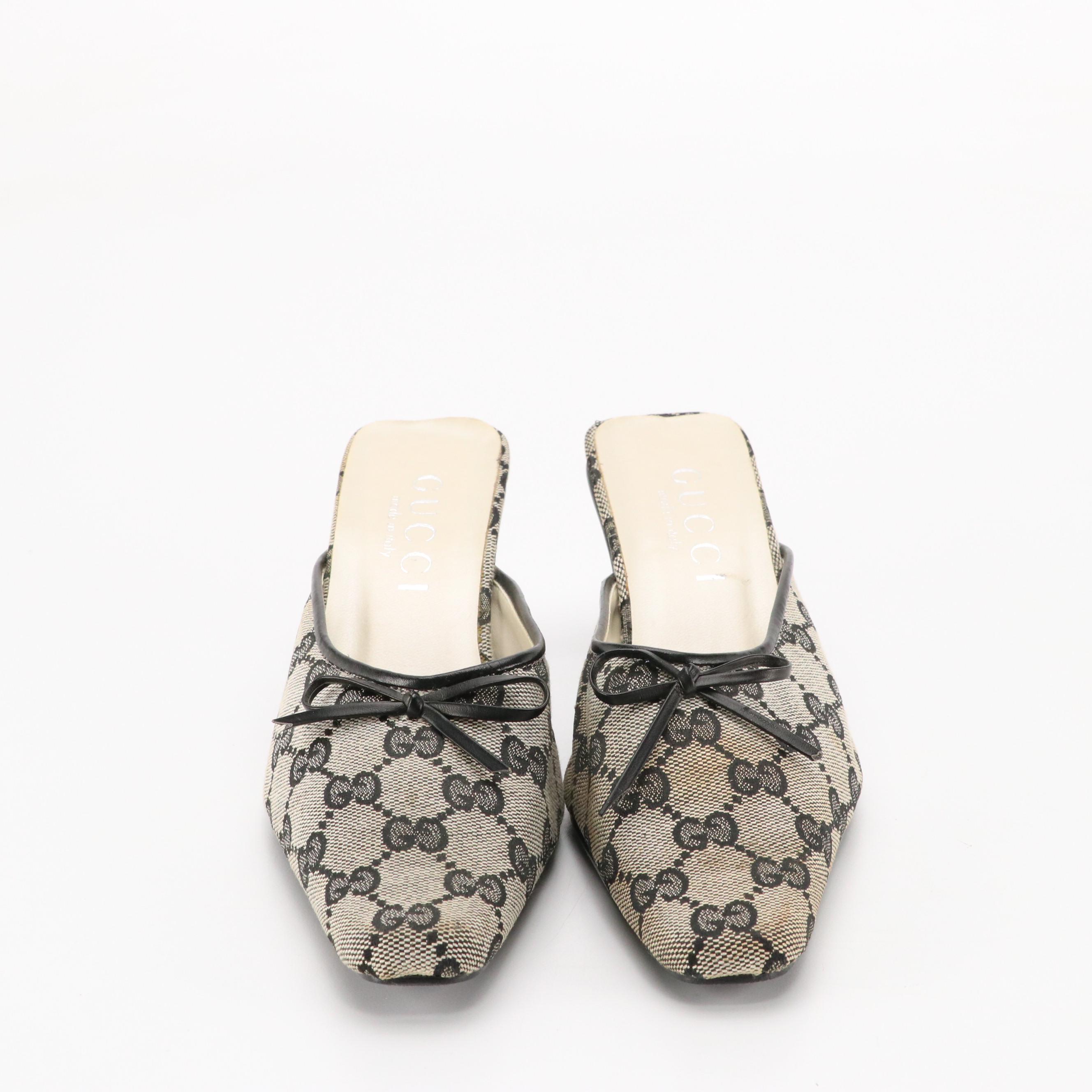 Gucci GG Jacquard Canvas and Black Leather Bow Mules