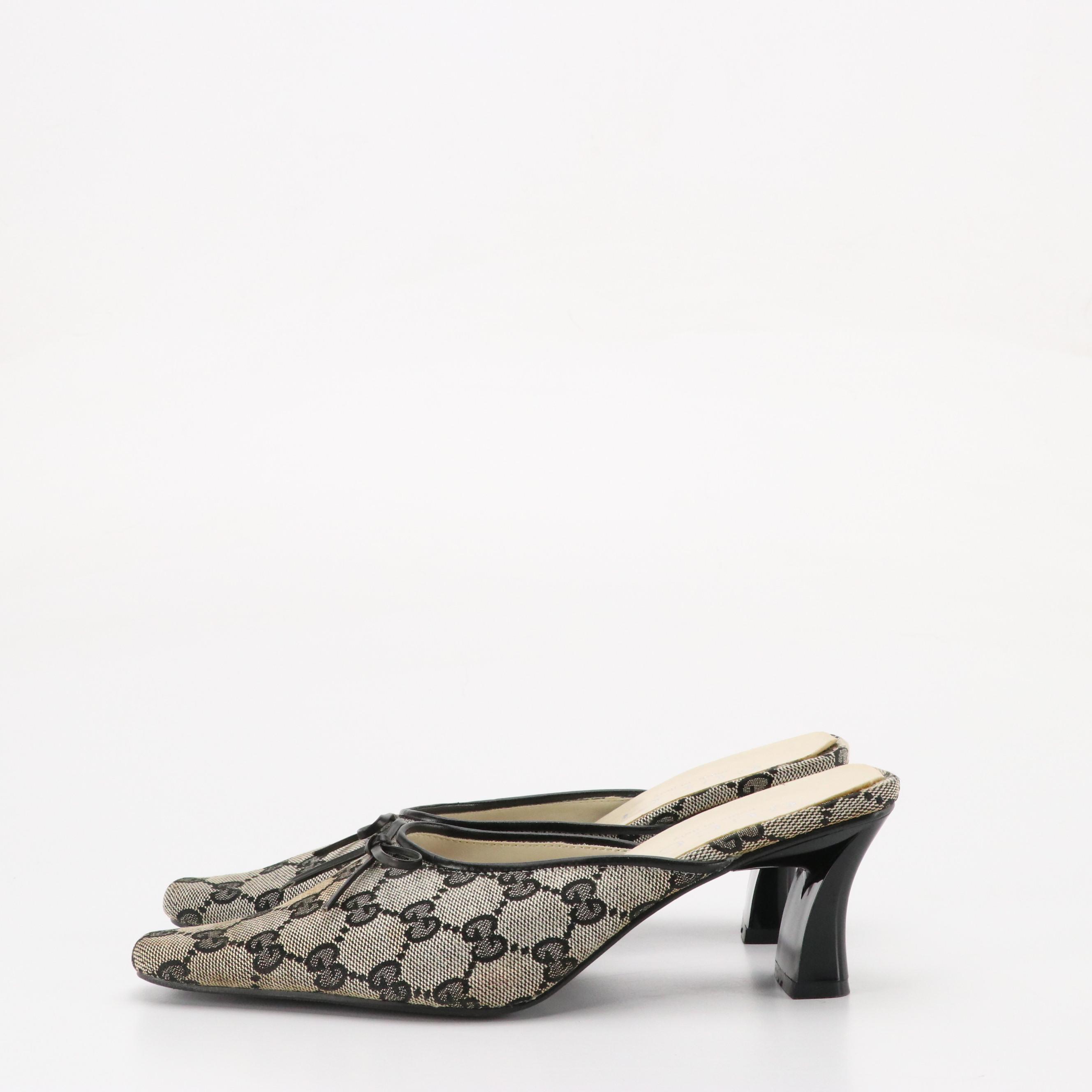 Gucci GG Jacquard Canvas and Black Leather Bow Mules