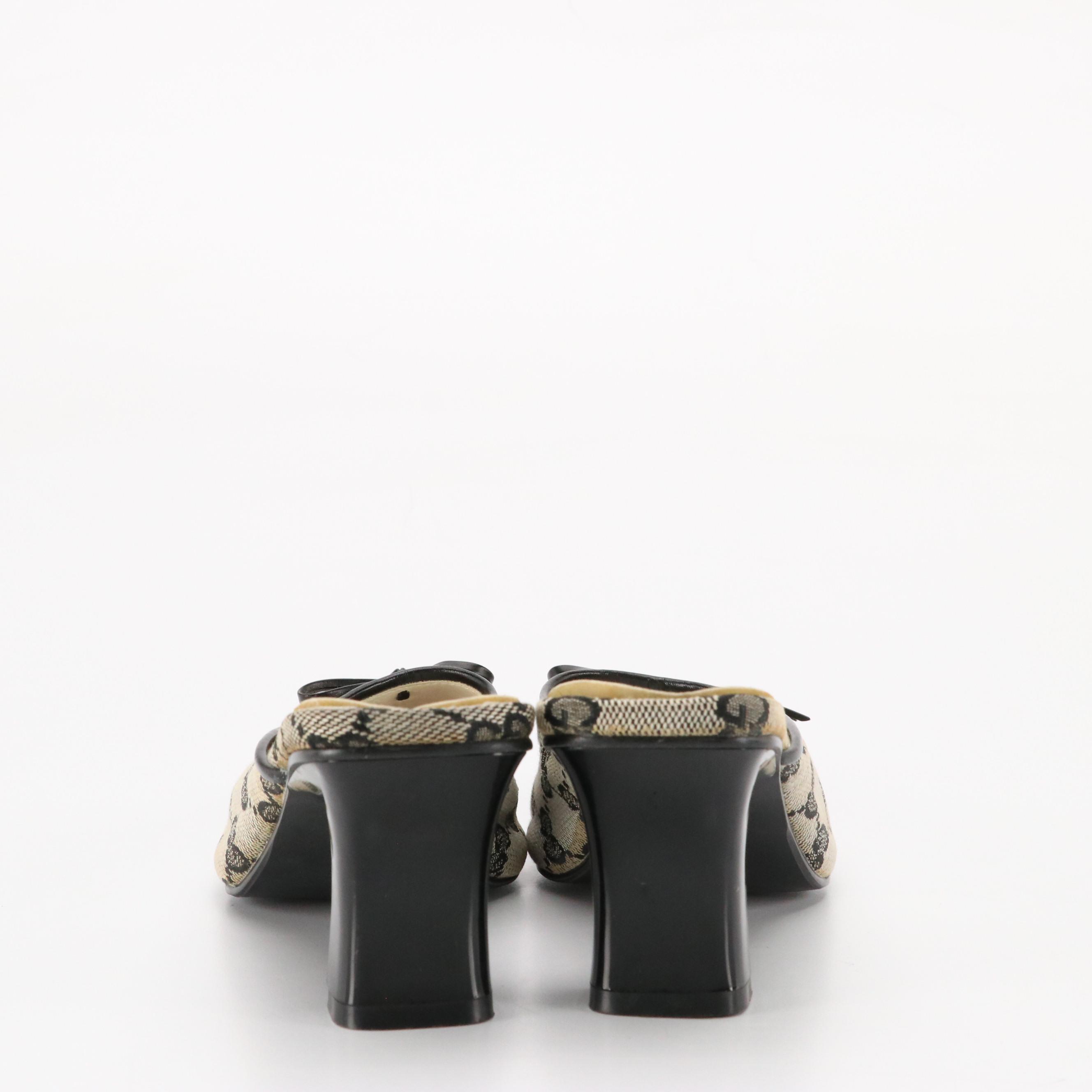Gucci GG Jacquard Canvas and Black Leather Bow Mules