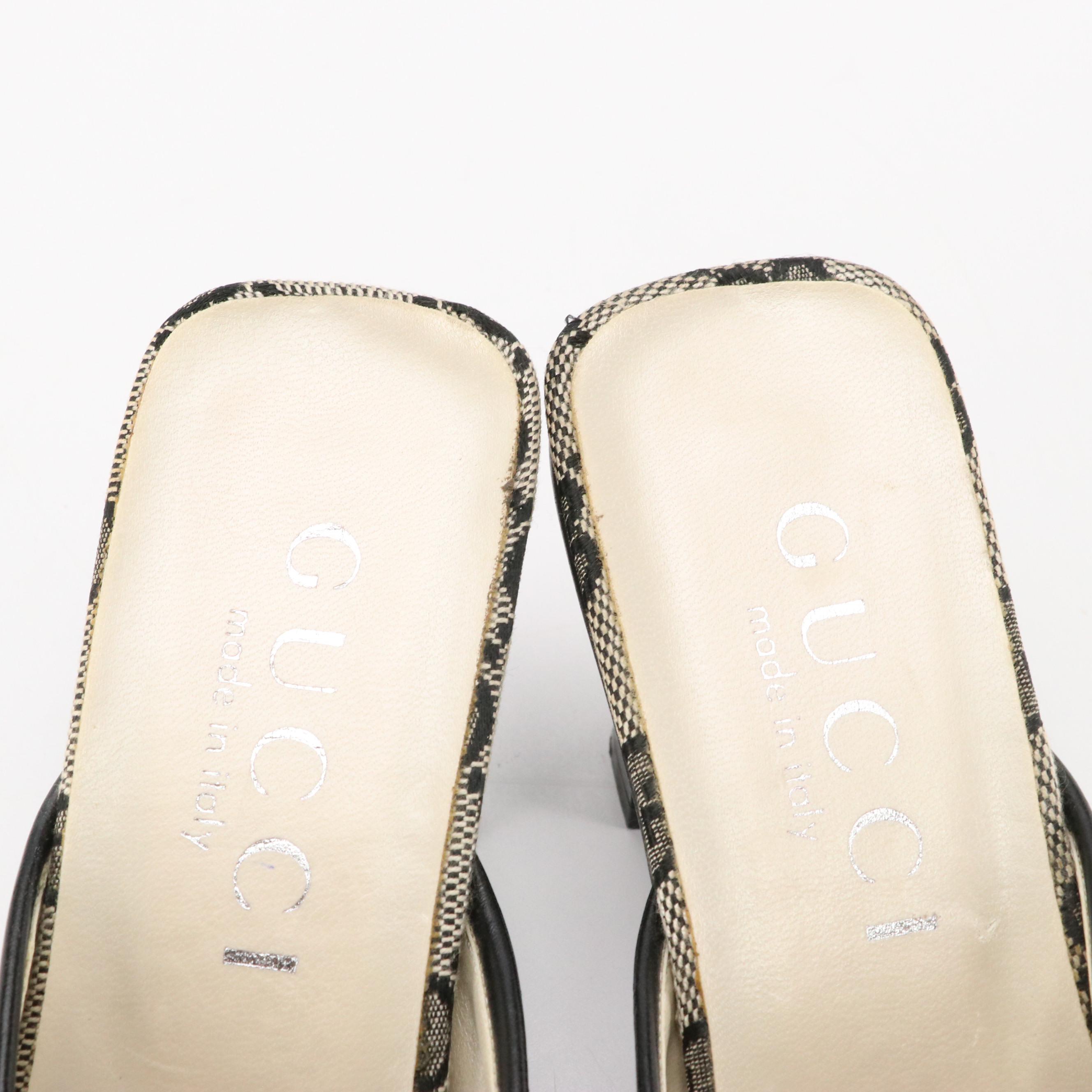 Gucci GG Jacquard Canvas and Black Leather Bow Mules