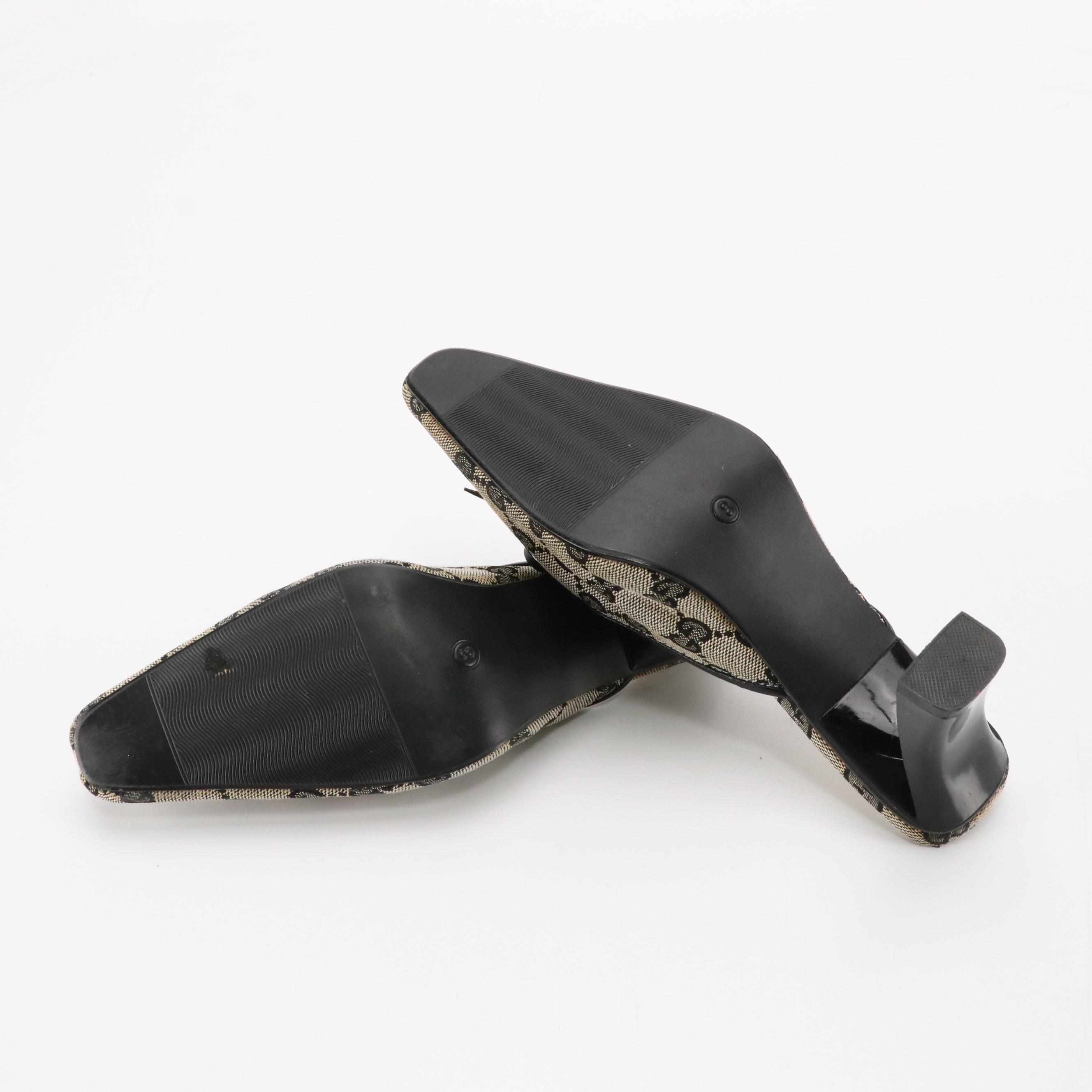 Gucci GG Jacquard Canvas and Black Leather Bow Mules