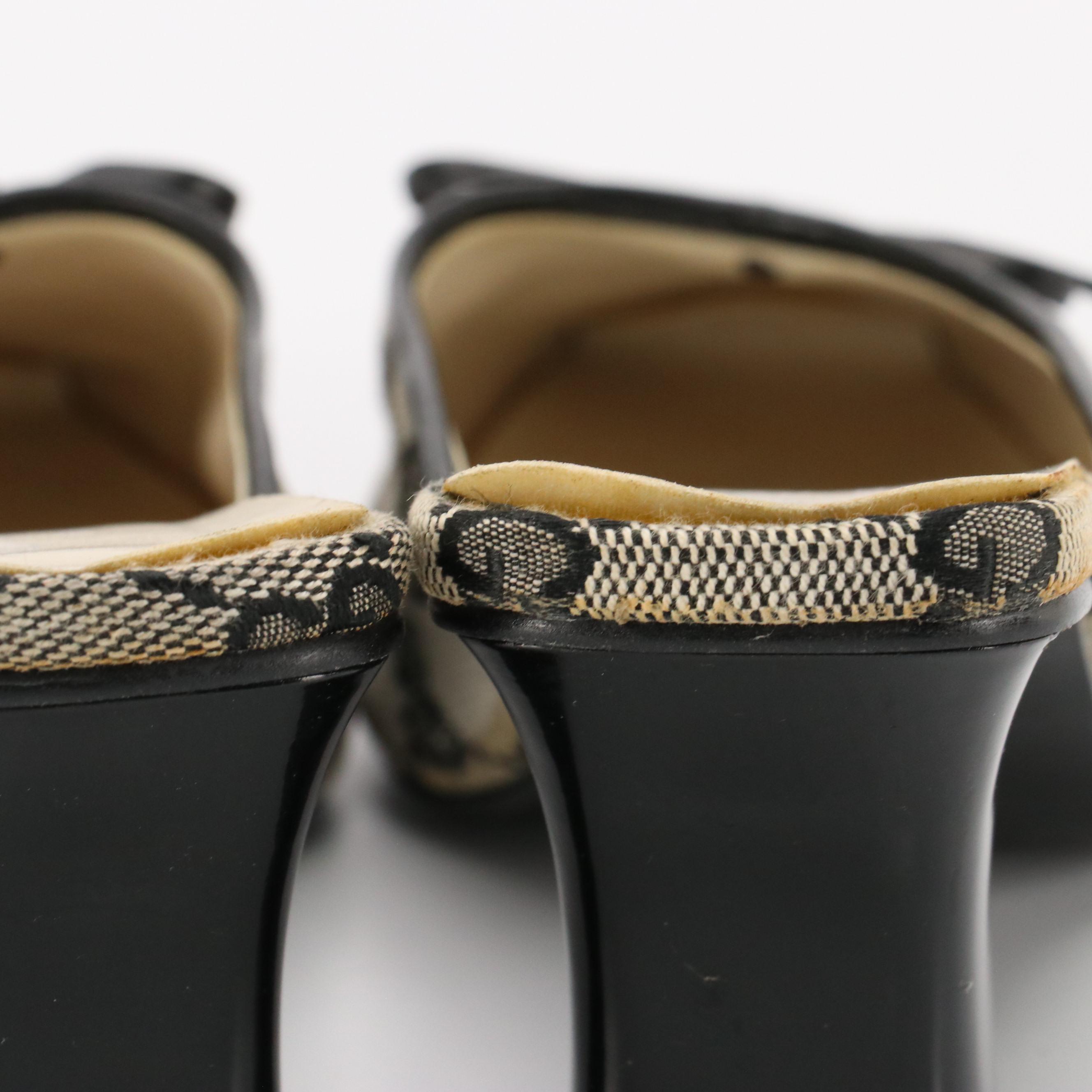 Gucci GG Jacquard Canvas and Black Leather Bow Mules