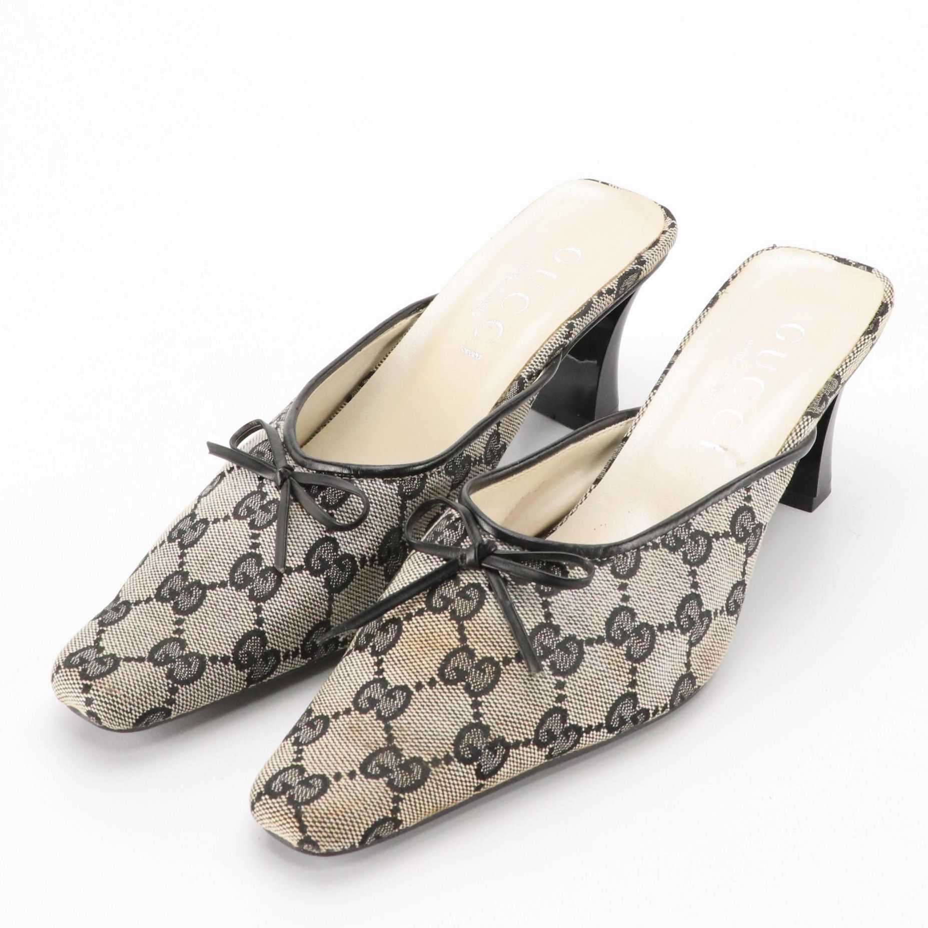 Gucci GG Jacquard Canvas and Black Leather Bow Mules