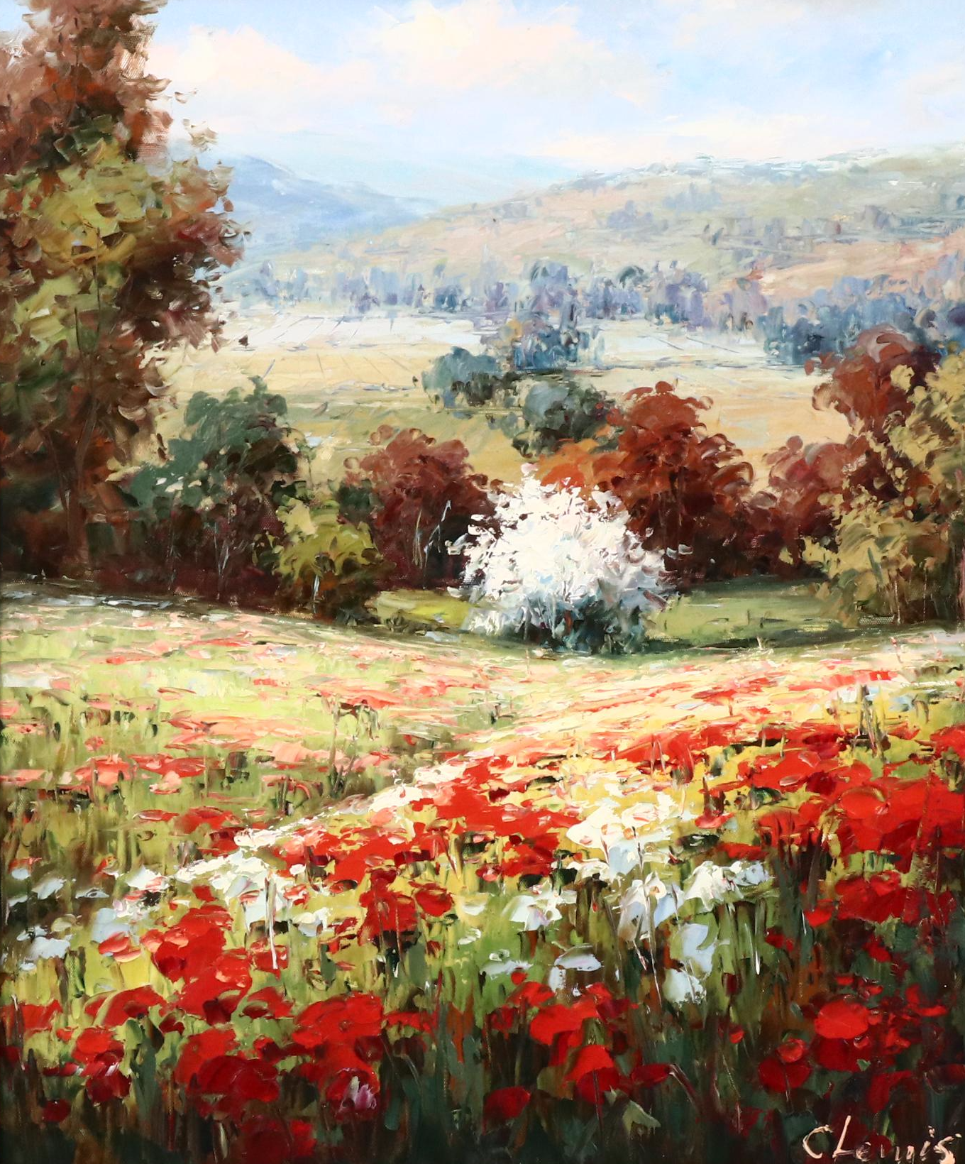 C. Lewis Poppy Field Landscape Oil Painting