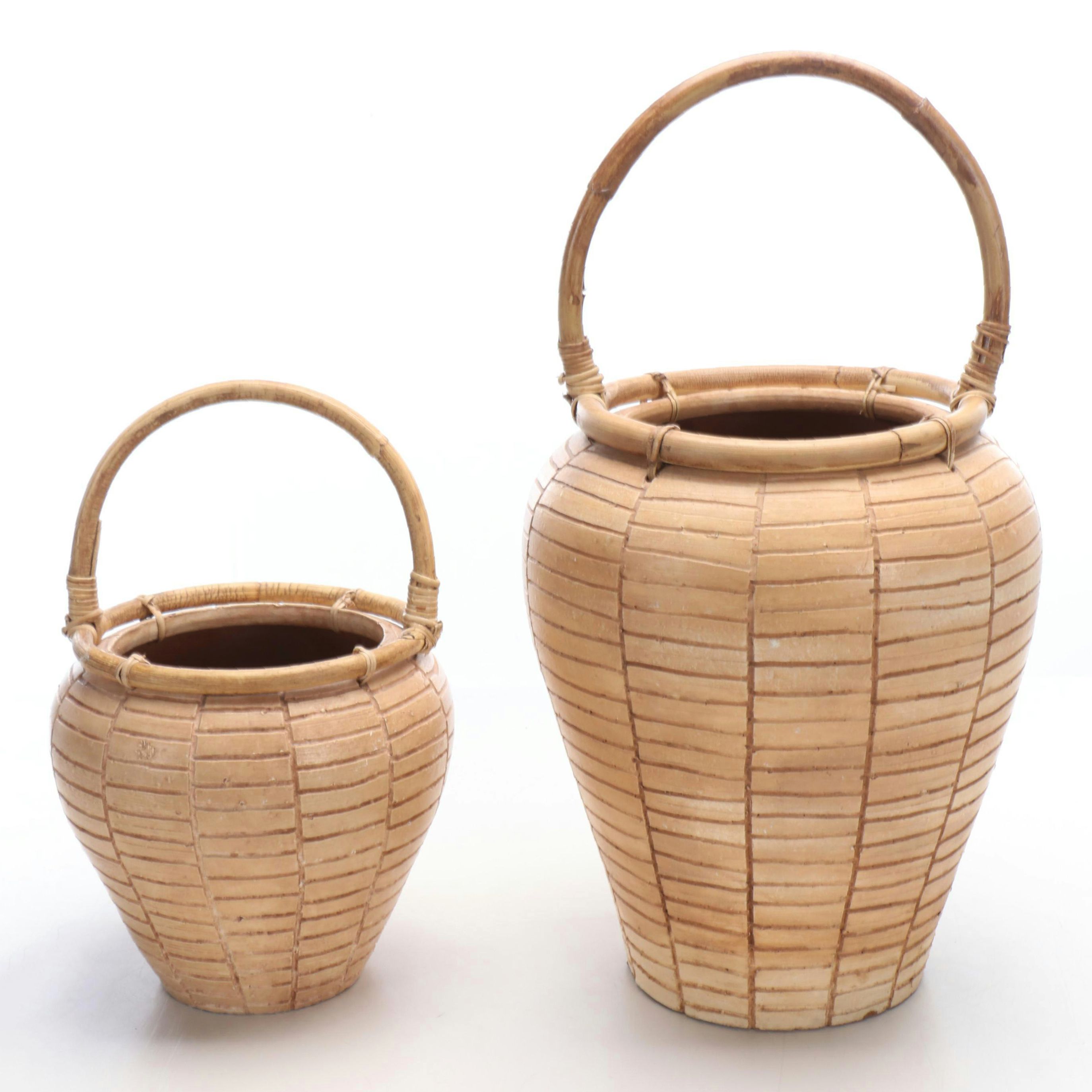 Pair of Philippine Ceramic Basket Vases with Wood Handles