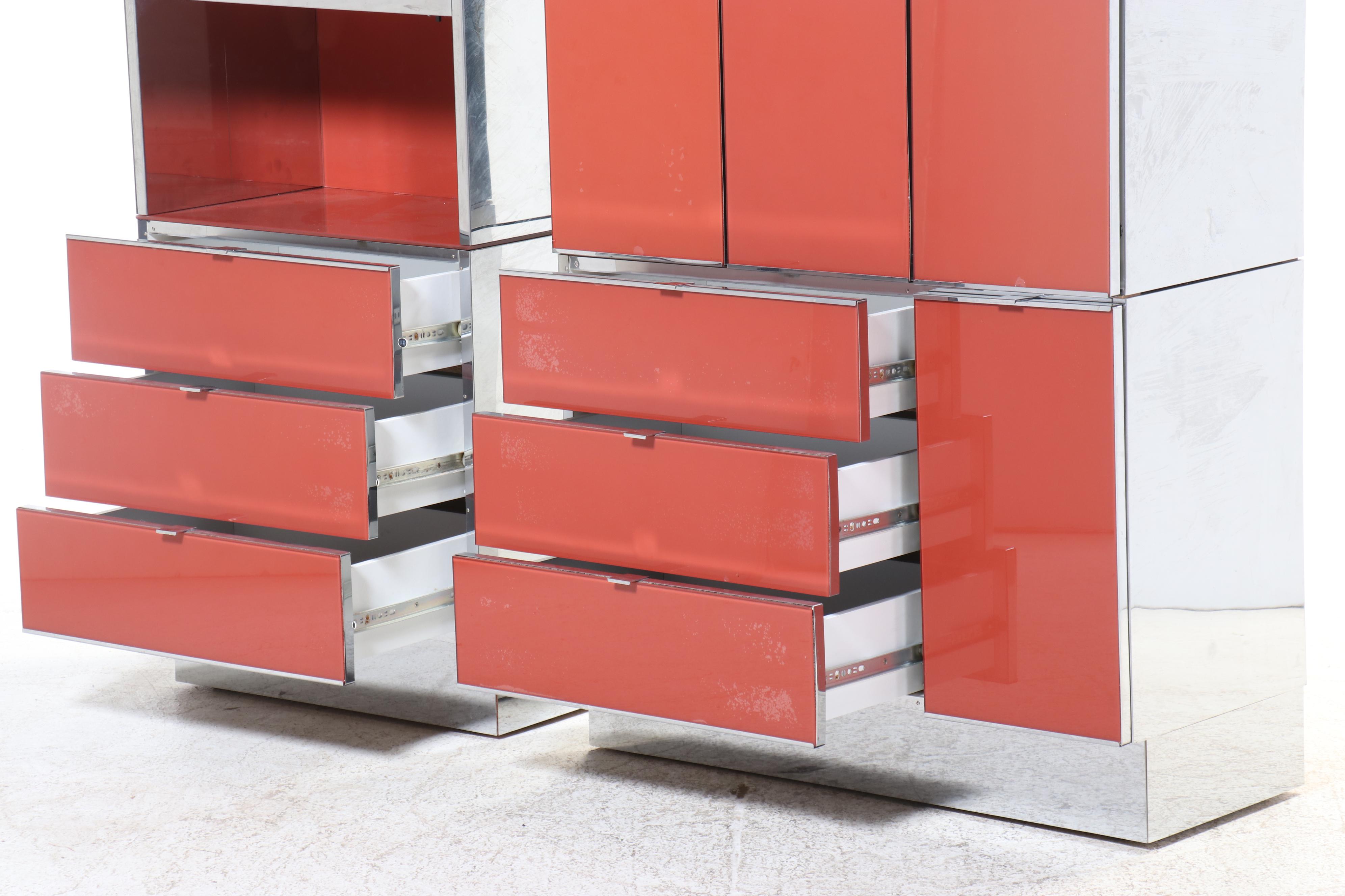 Ello Furniture Mid Century Modern Lacquered Glass and Chrome Cabinets