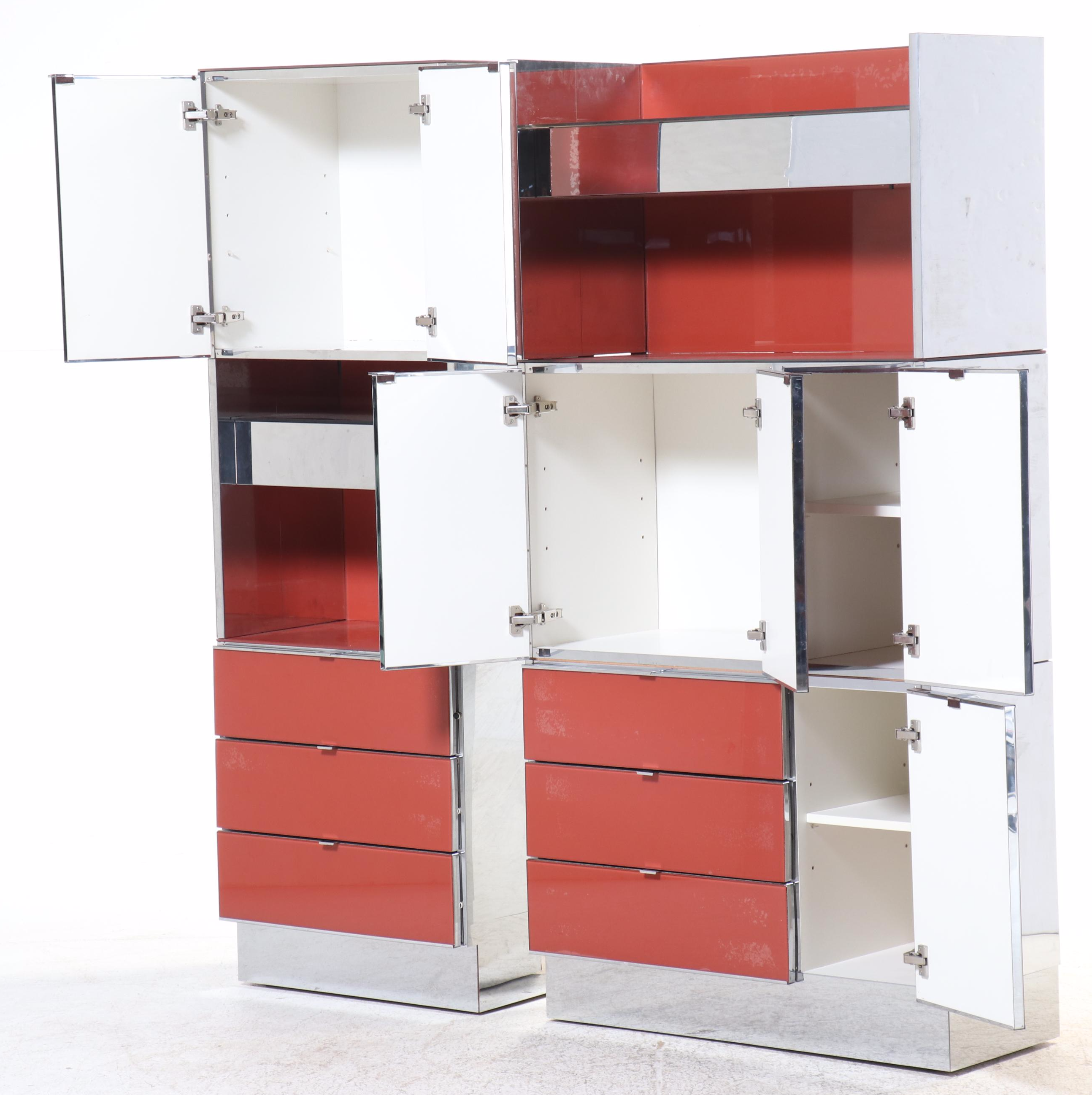 Ello Furniture Mid Century Modern Lacquered Glass and Chrome Cabinets