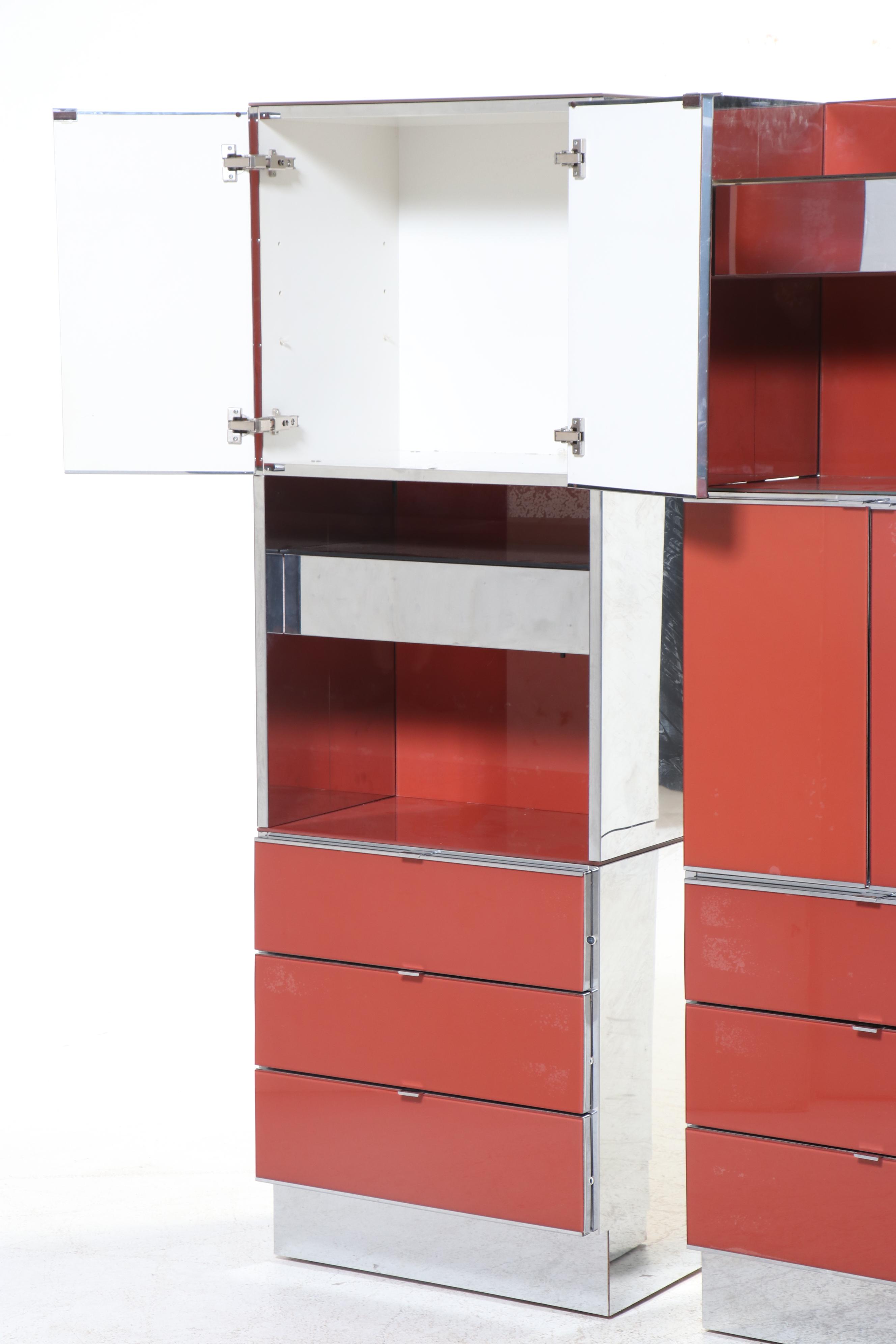 Ello Furniture Mid Century Modern Lacquered Glass and Chrome Cabinets