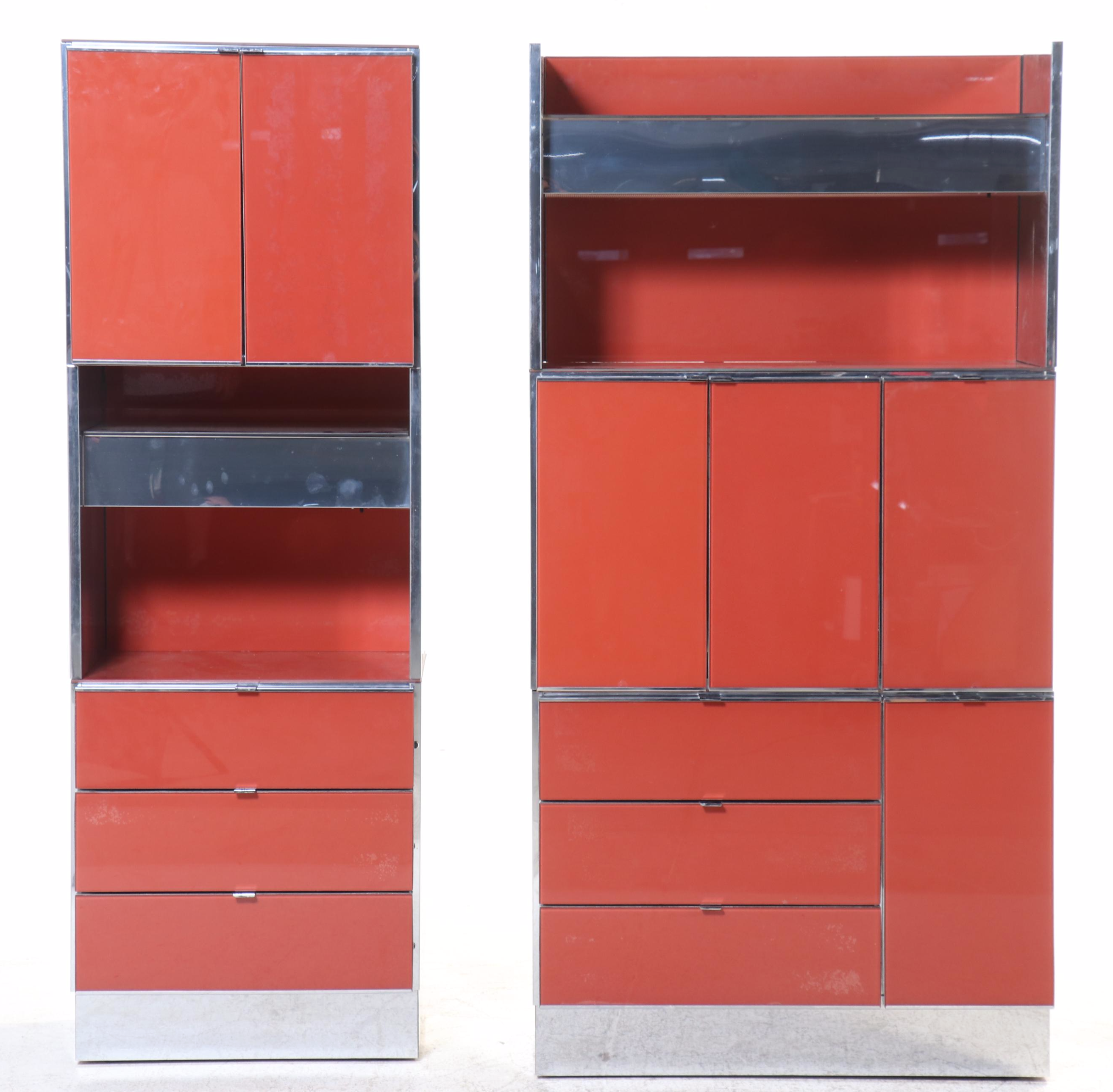 Ello Furniture Mid Century Modern Lacquered Glass and Chrome Cabinets