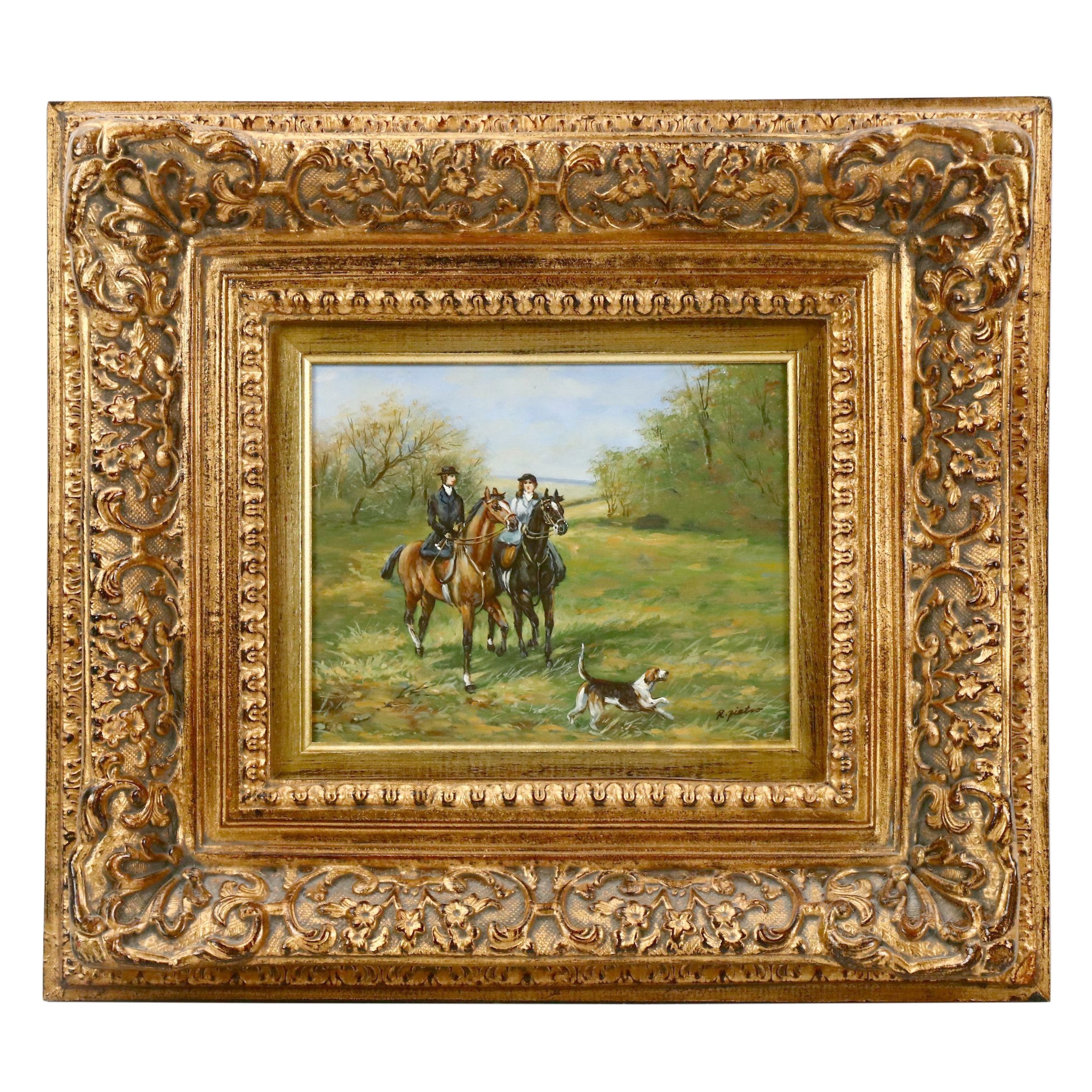 R. Pietro Countryside Landscape Oil Painting of Figures on Horseback