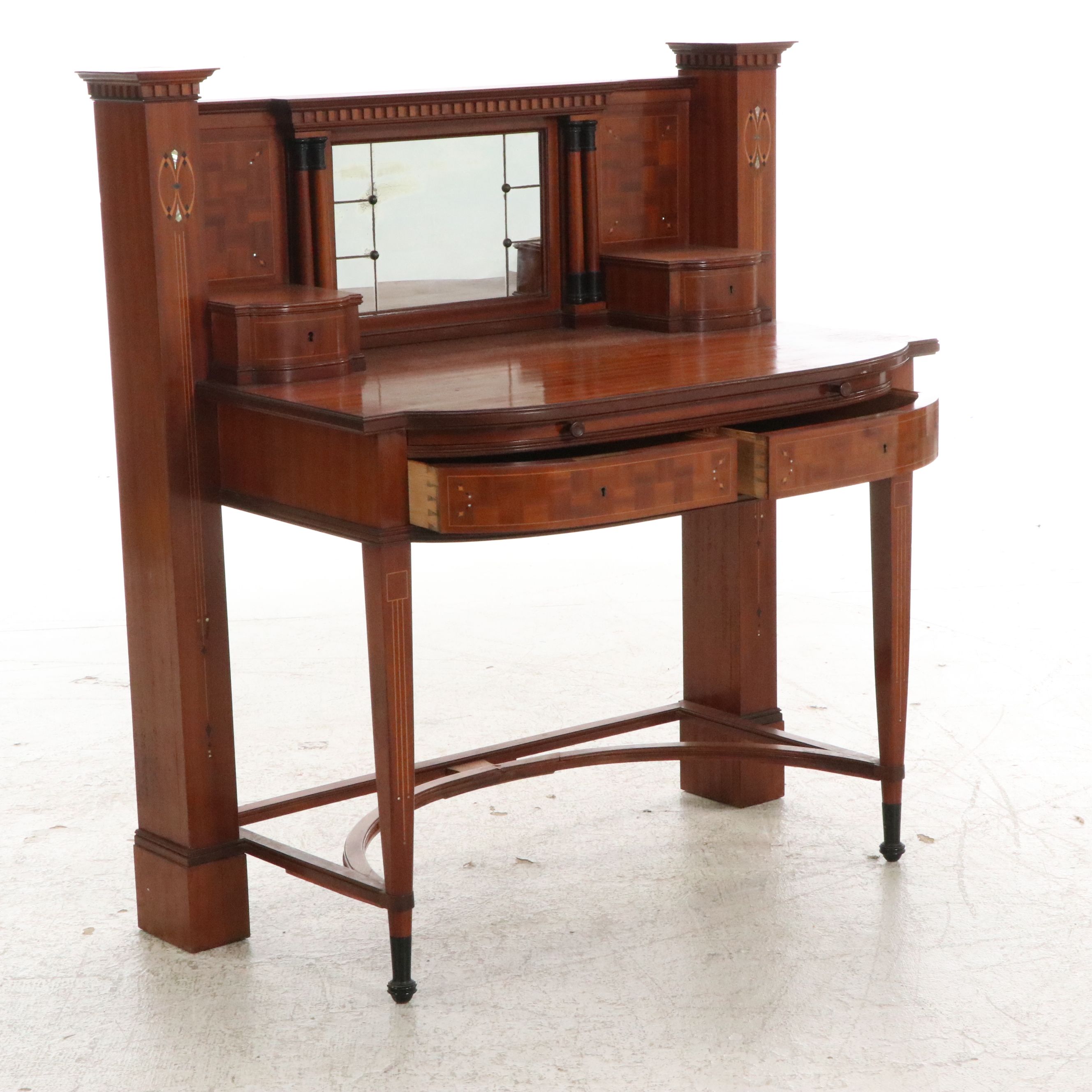 J. Groschkus Mahogany Dressing Table and Chair w/ MOP, Ebony, Satinwood Inlays