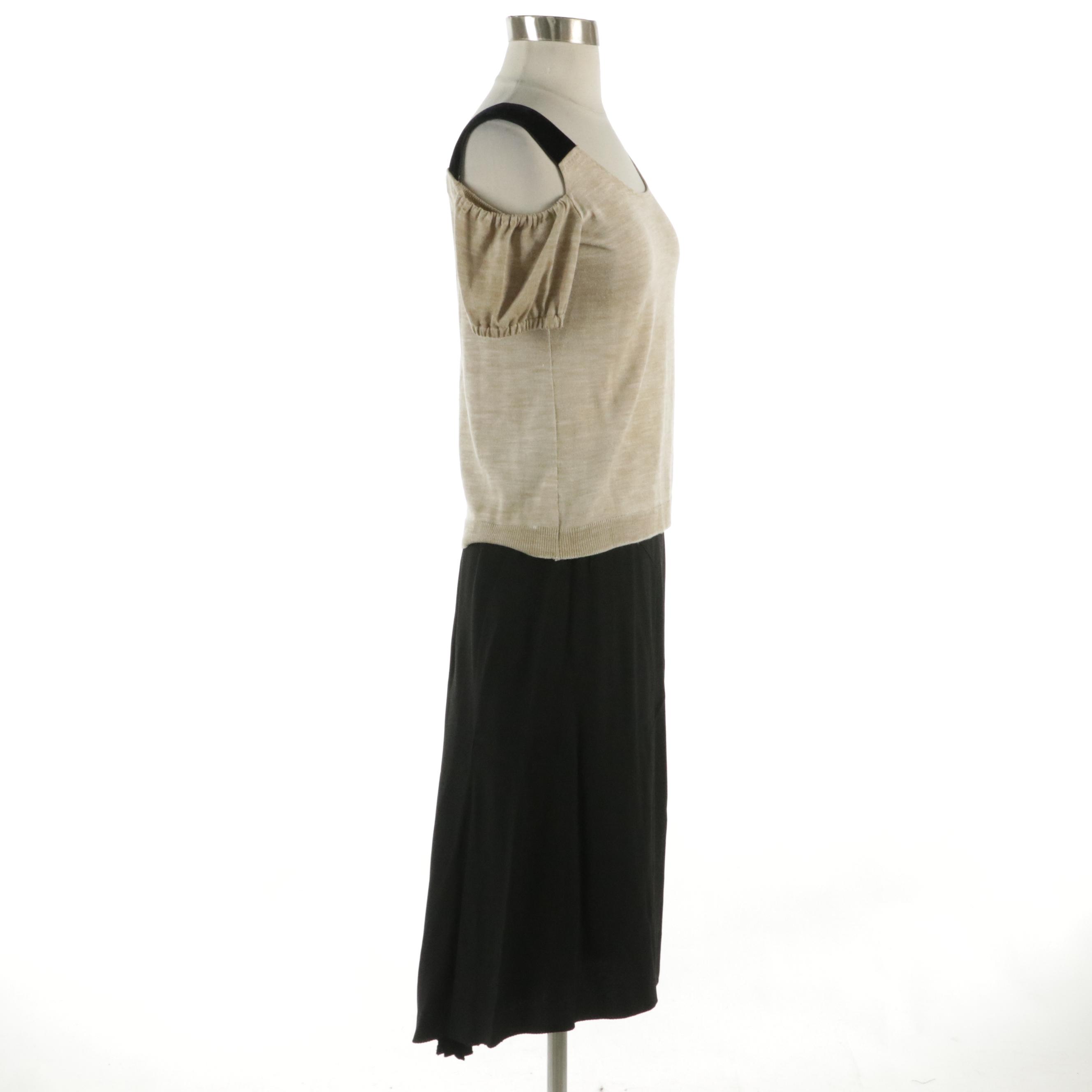 Prada Knit Top with Velvet Trim and Black Skirt with Pleated Detail