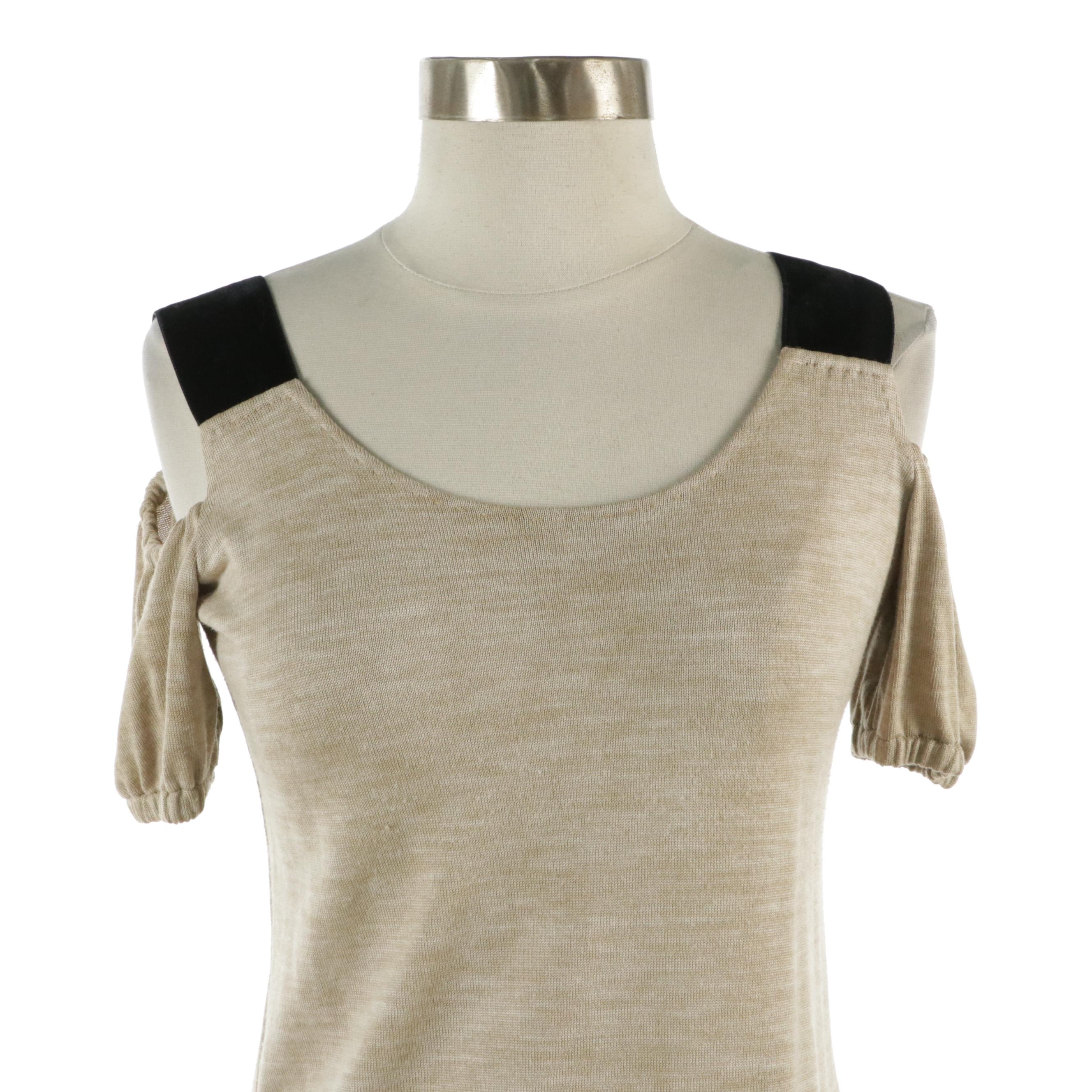 Prada Knit Top with Velvet Trim and Black Skirt with Pleated Detail