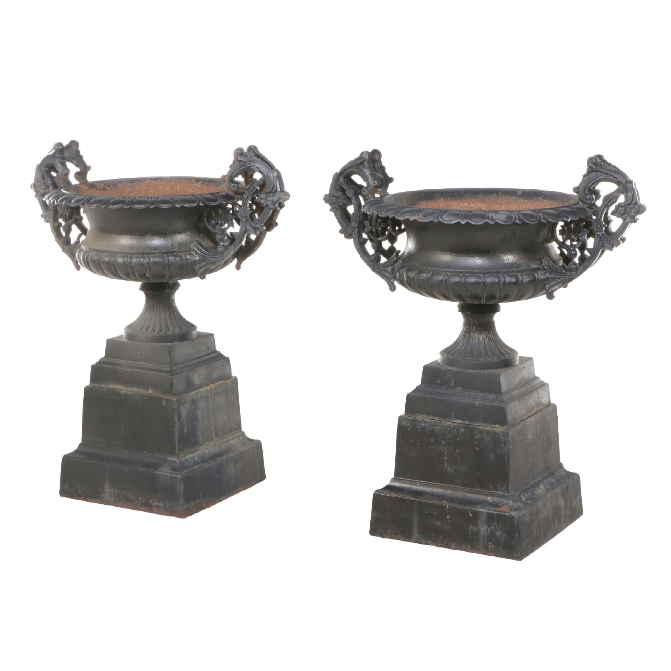 Pair of Neoclassical Style Painted Cast Iron Garden Urns