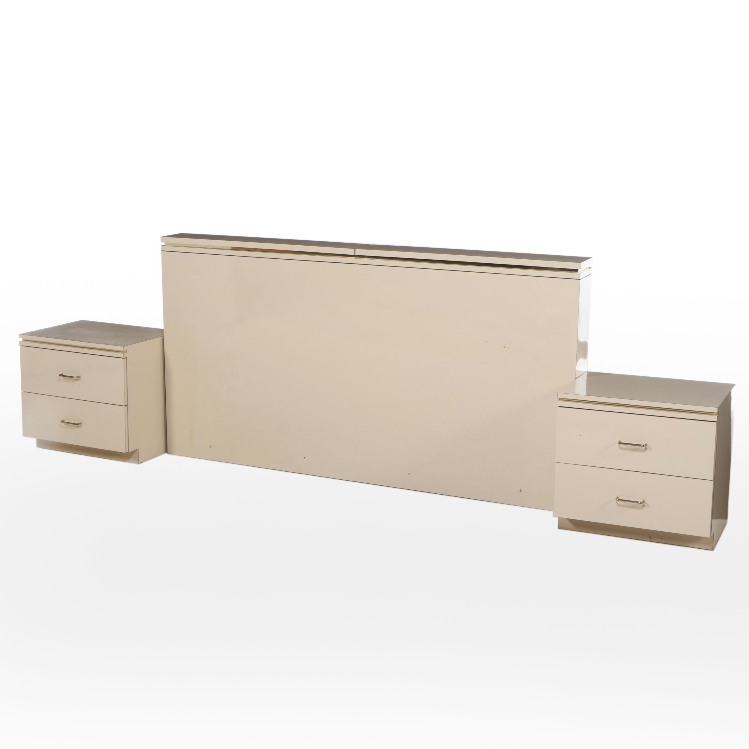Postmodernist Brass-Trimmed Headboard and Pair of Nightstands, Late 20th Century