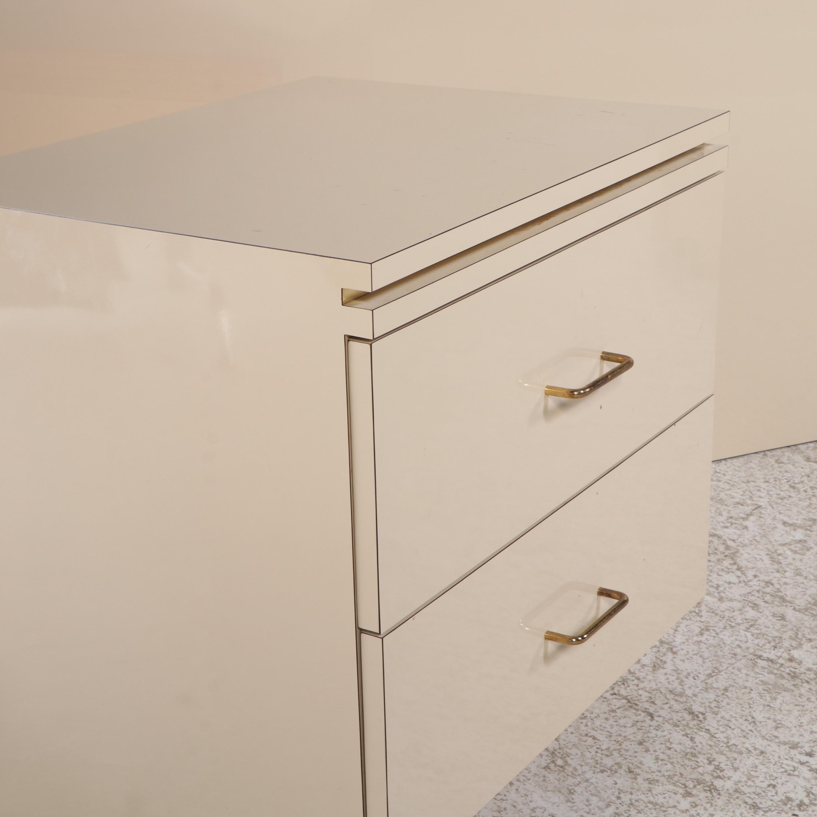 Postmodernist Brass-Trimmed Headboard and Pair of Nightstands, Late 20th Century