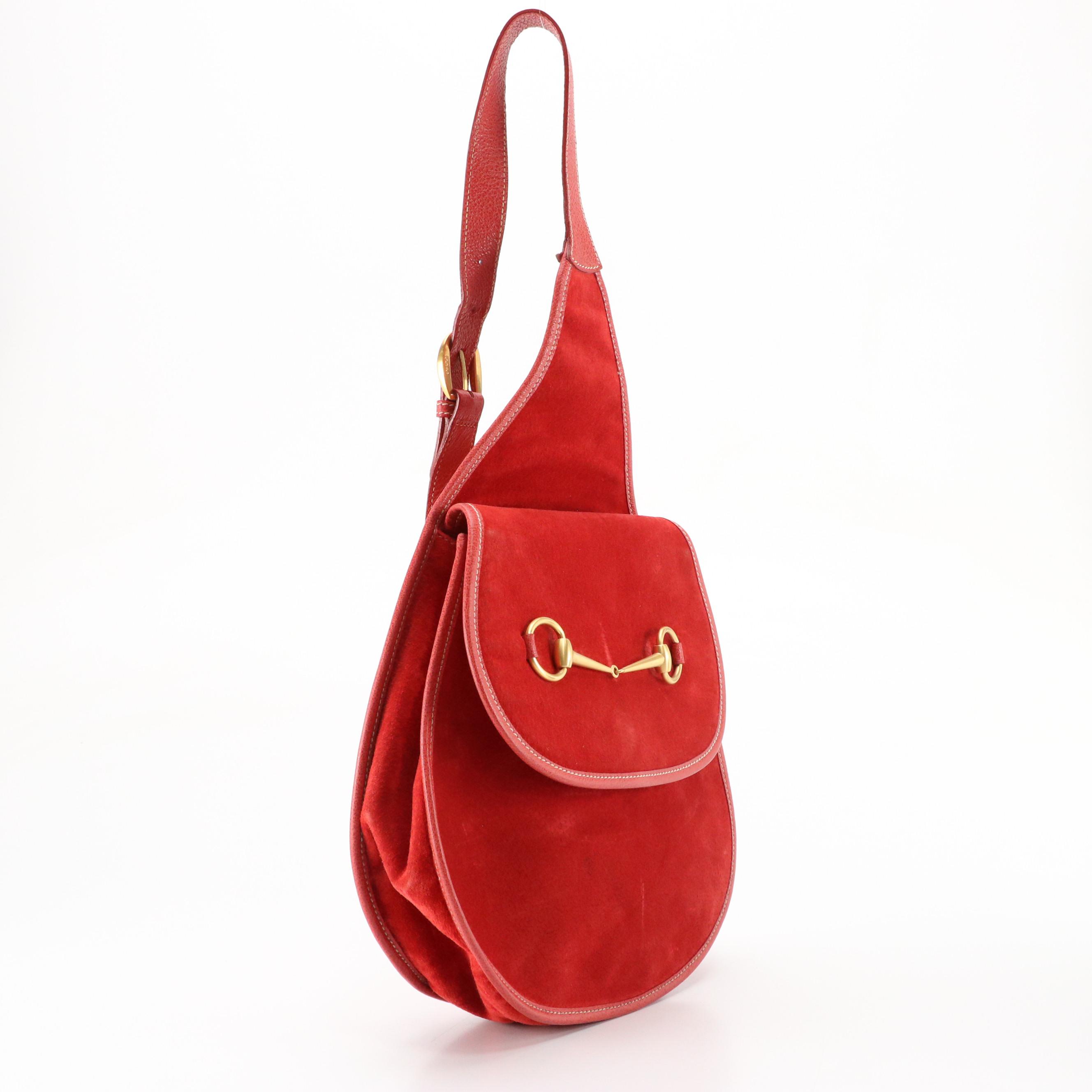 Gucci Horsebit Sling Crossbody Bag in Cherry Red Suede and Leather