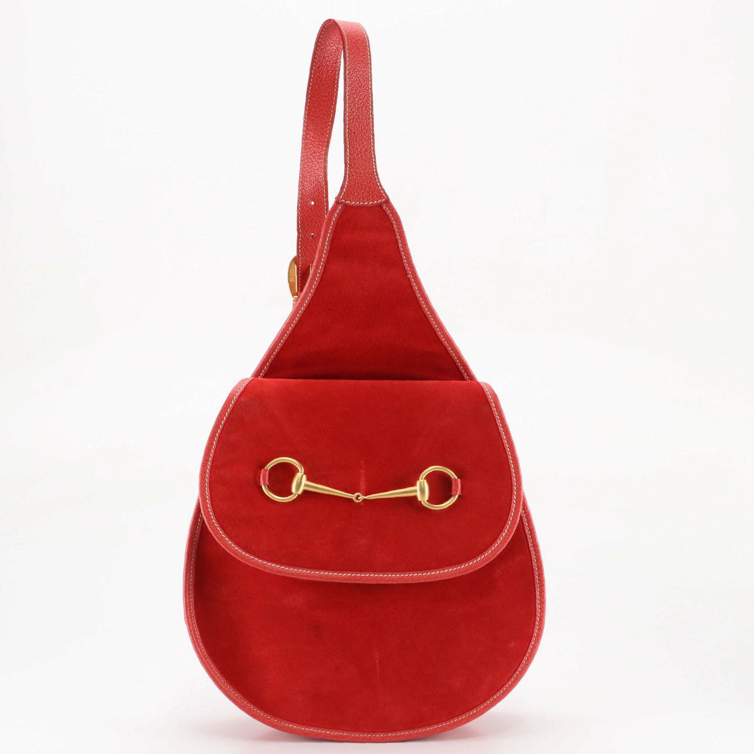 Gucci Horsebit Sling Crossbody Bag in Cherry Red Suede and Leather