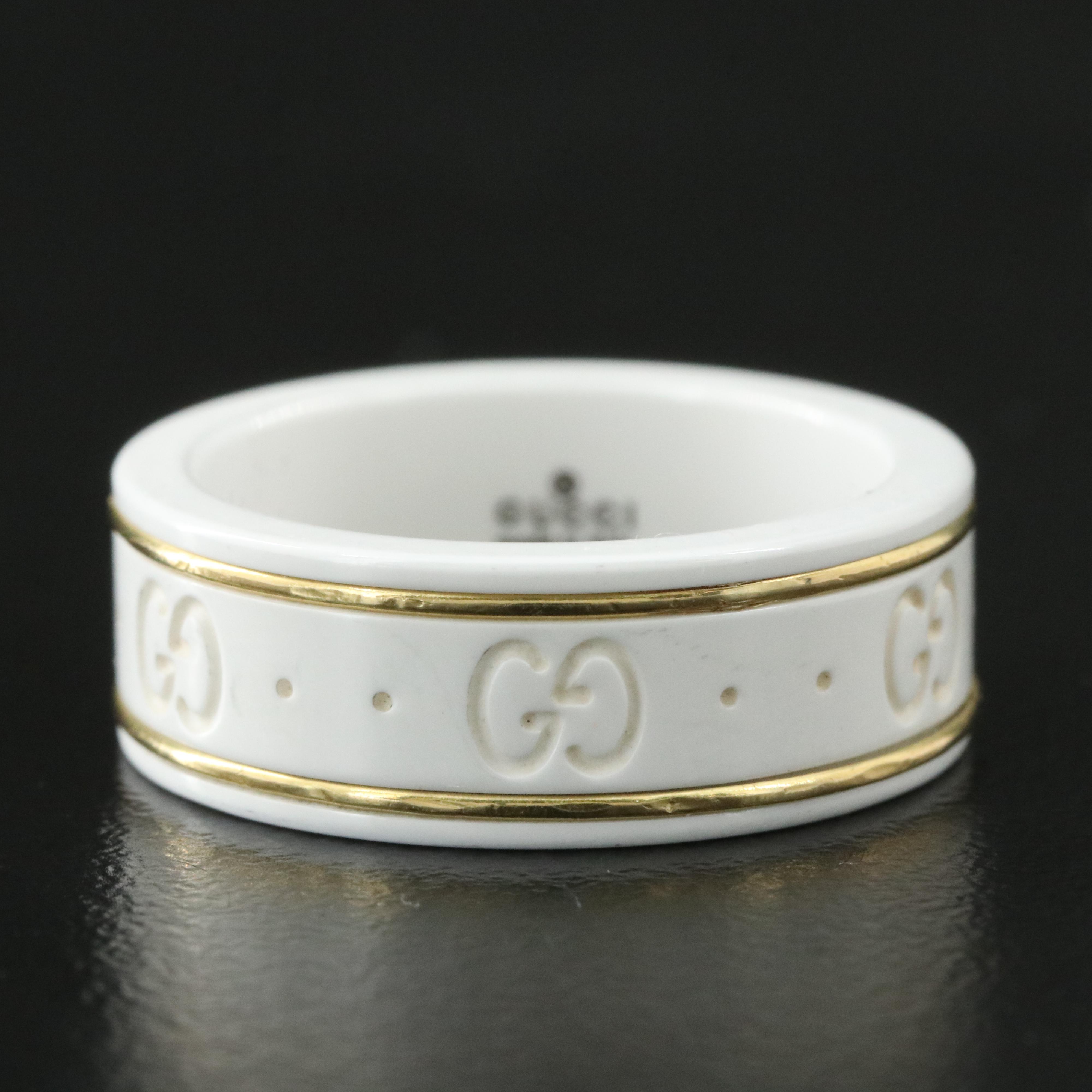 Gucci Icon White Ceramic Band Ring with 18K Accents