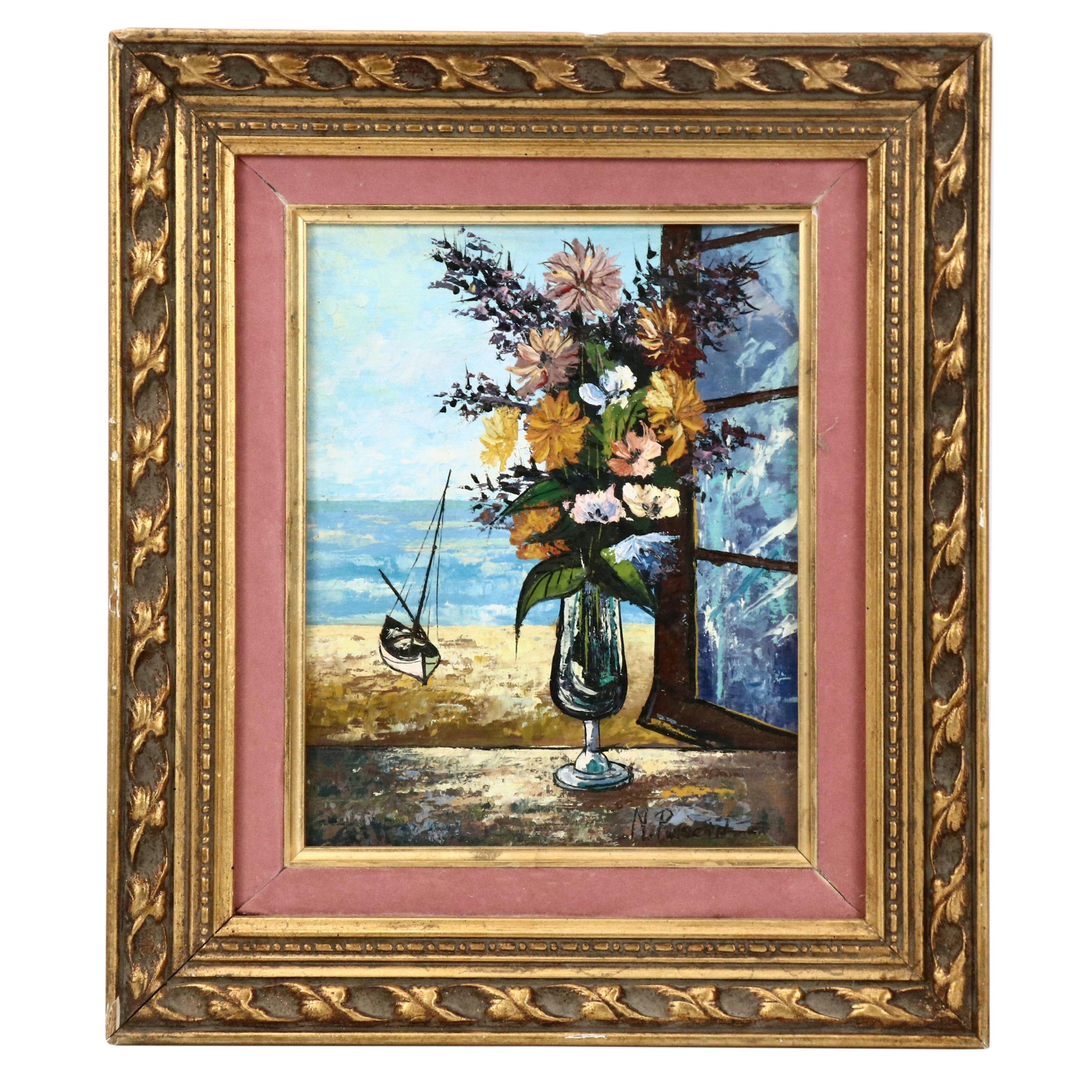 N. Pascin Oil Painting of Floral Still Life Before Coastal Landscape, 1967